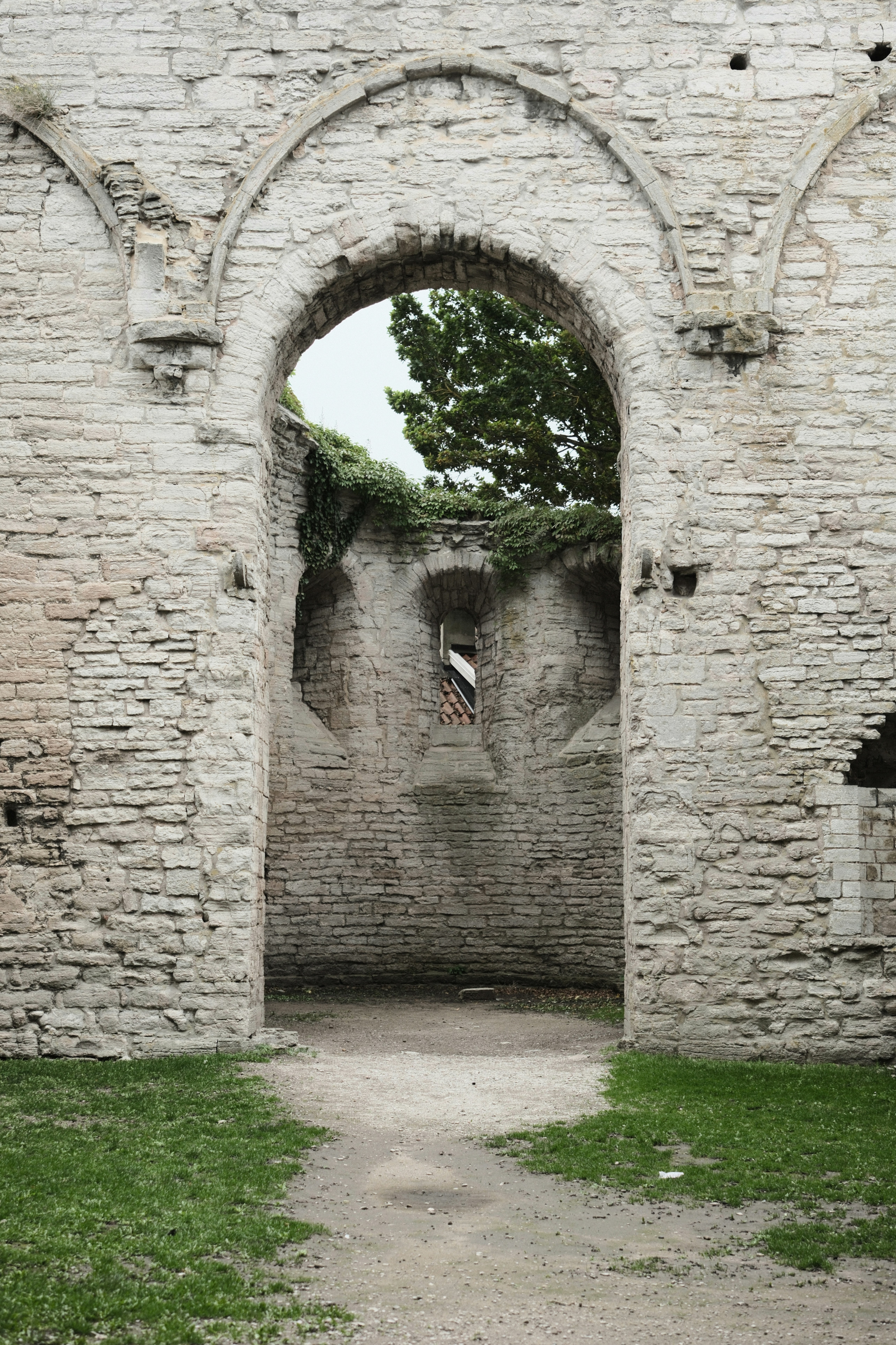 A stone archway in a ruined wall with green ivy and trees