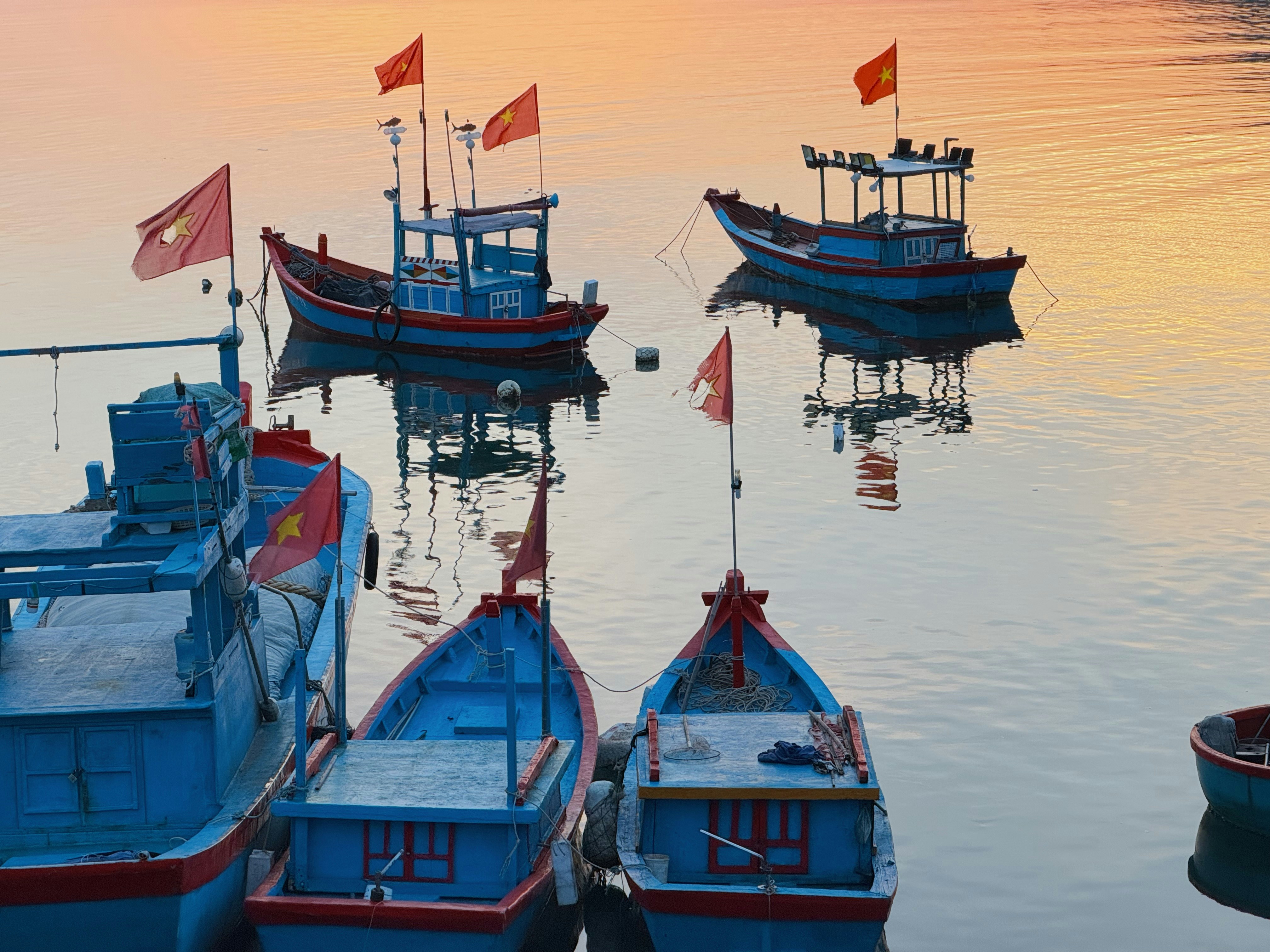 Blue and red fishing boats with Vietnamese flags on calm water at golden hour