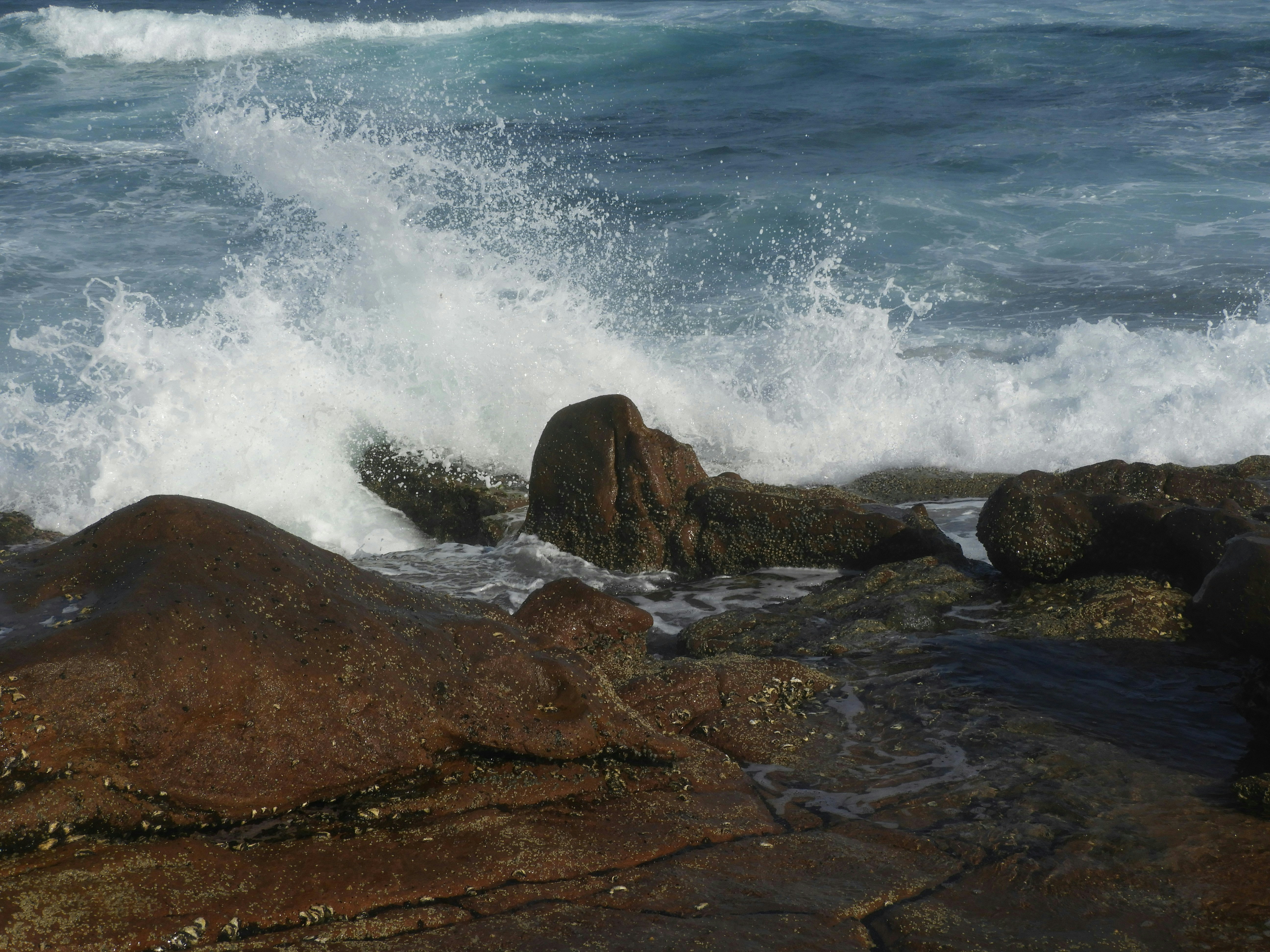 Ocean waves crashing against dark brown rocks on a rugged coastline