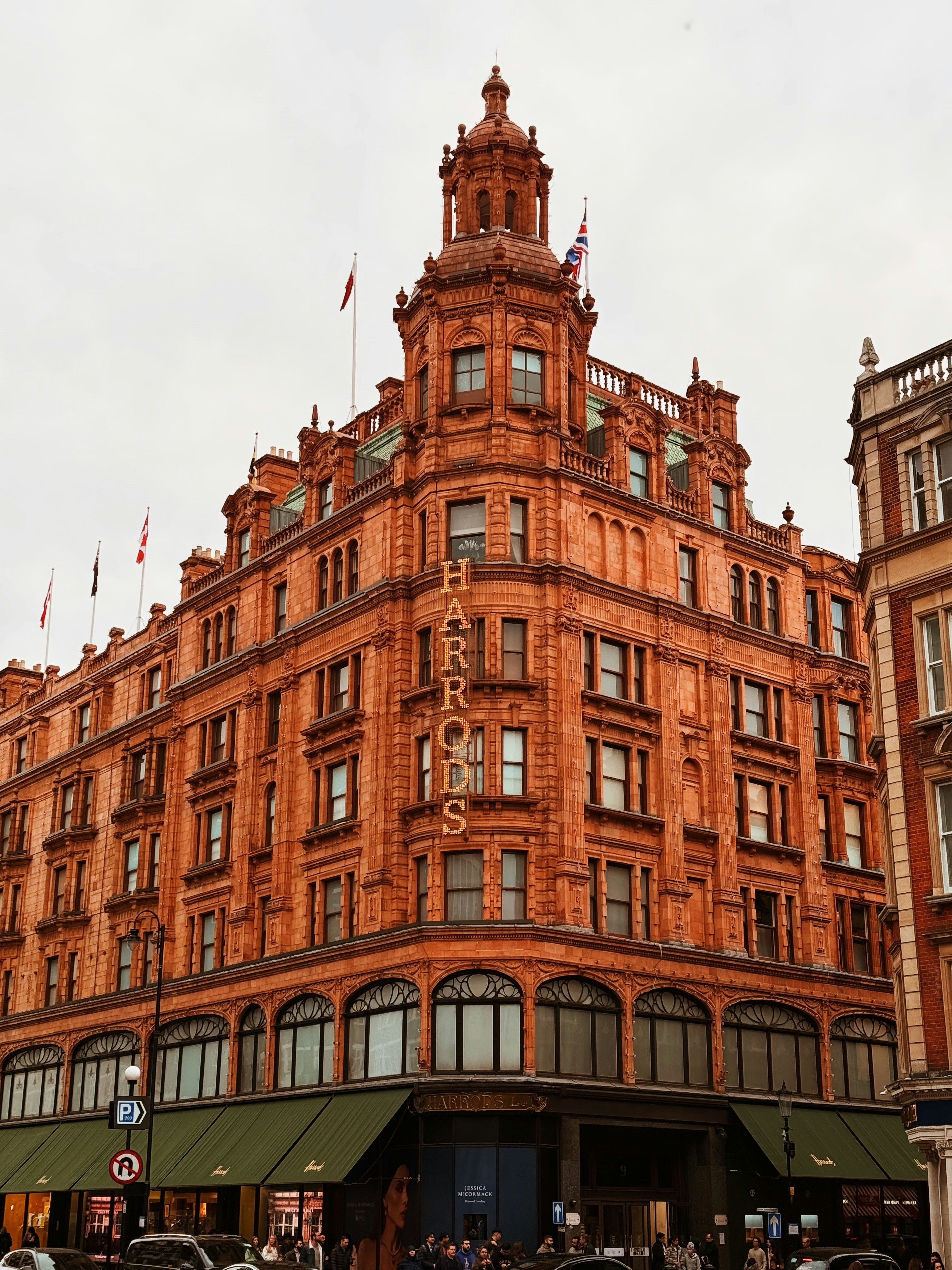 The terracotta facade of the Harrods department store building in London