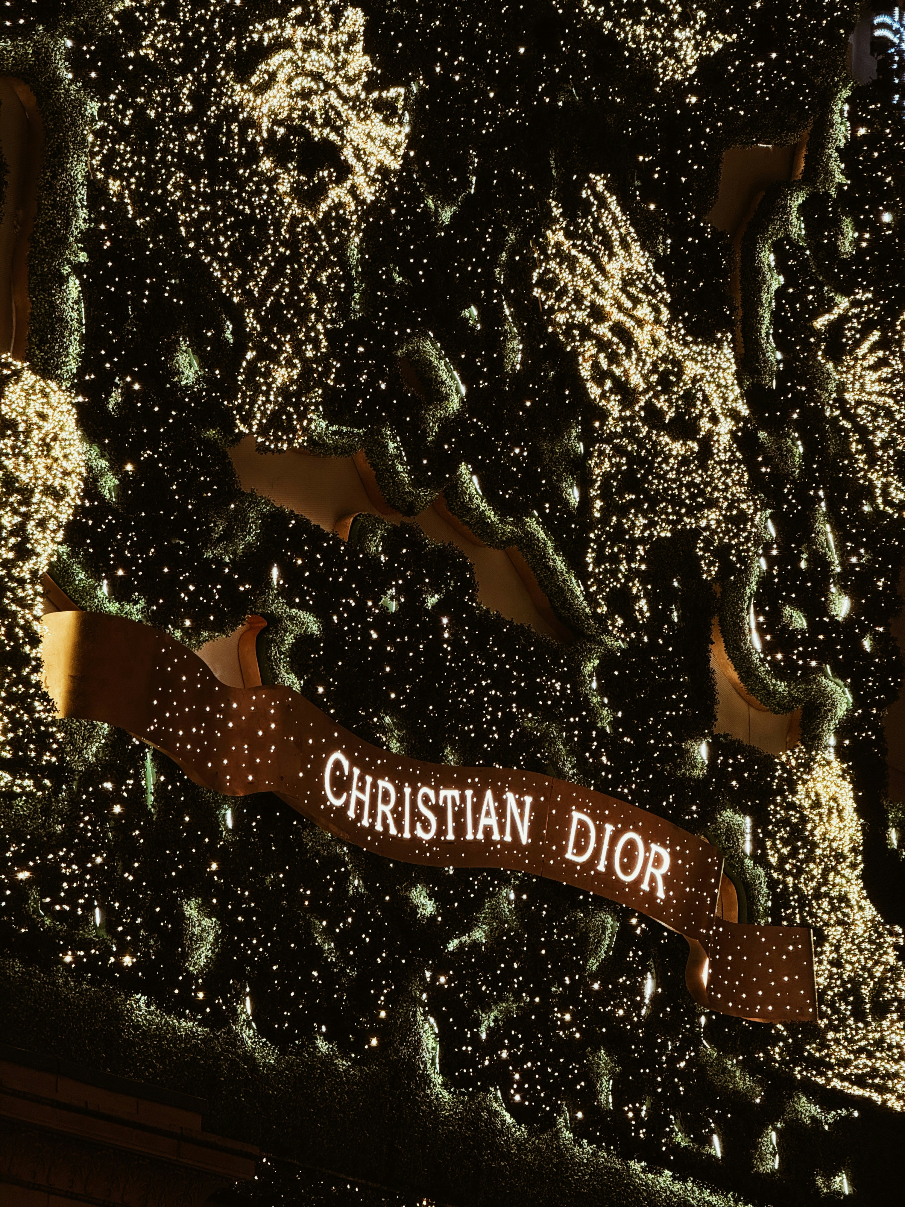 A glowing sign reading CHRISTIAN DIOR on a wall covered in sparkling fairy lights