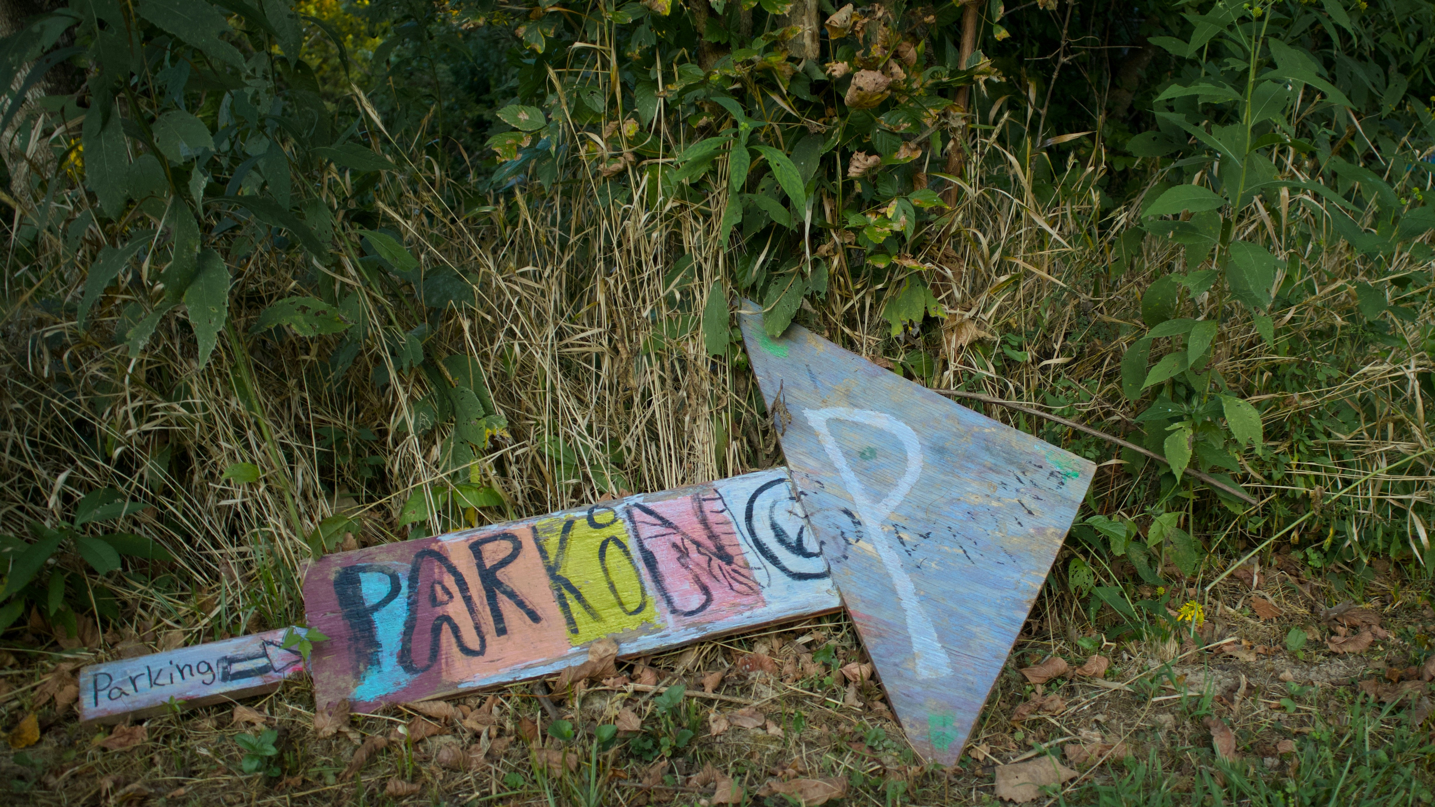 A hand-painted wooden arrow sign reading "PARKING" in colorful letters on tall grass