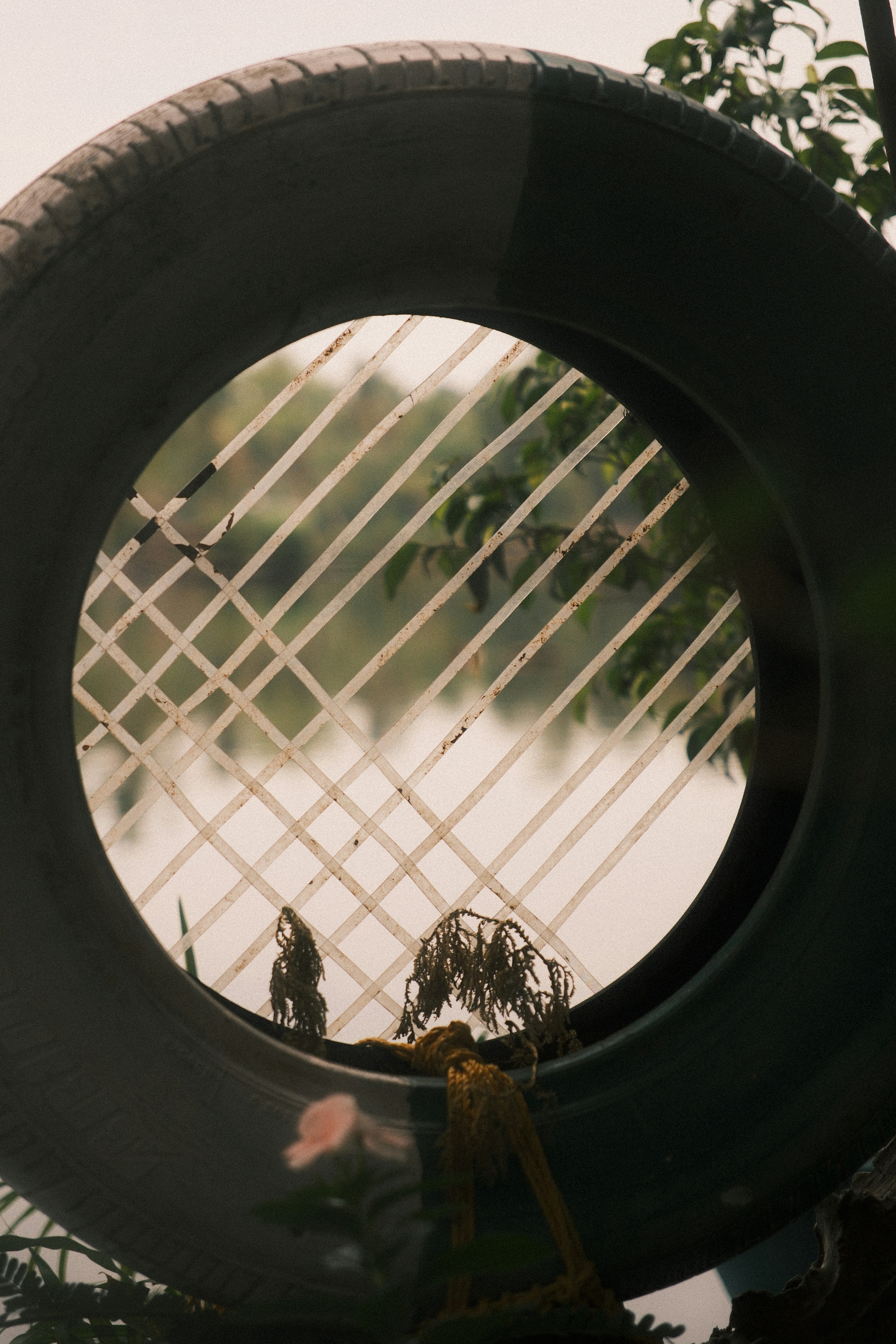 A car tire with a white grid pattern across the opening