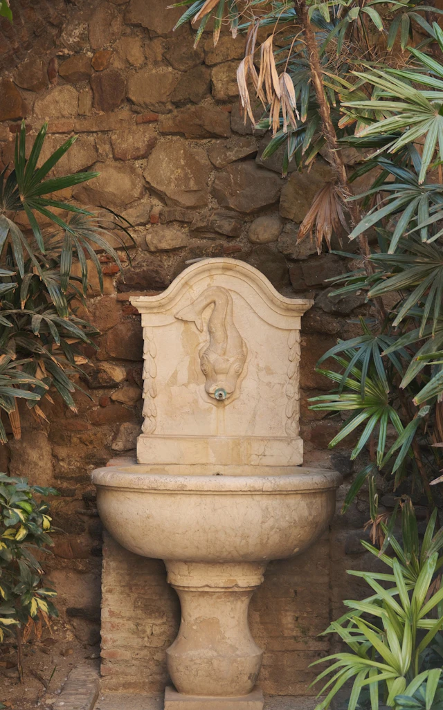 A stone fountain with a dolphin carving against a rustic rock wall