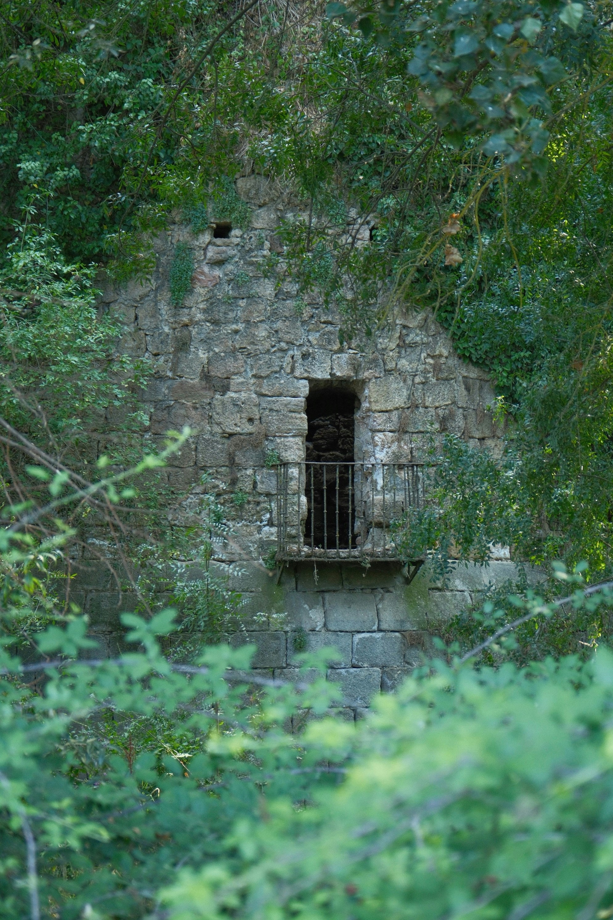 Un muro di pietra con un piccolo balcone circondato da un fitto fogliame verde