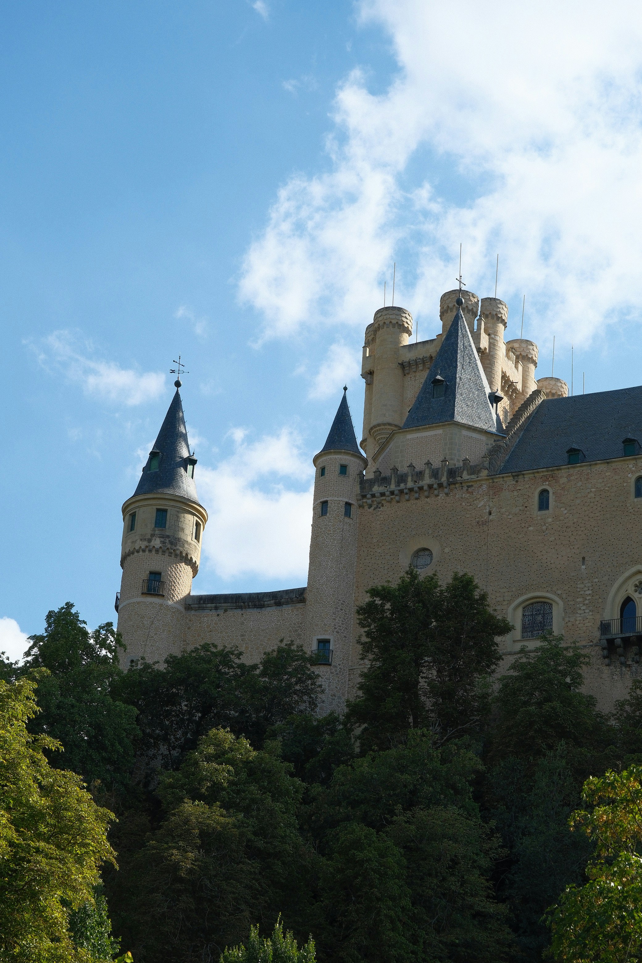 Il castello dell'Alcázar di Segovia con torri di pietra che si innalzano sopra alberi verdi e rigogliosi