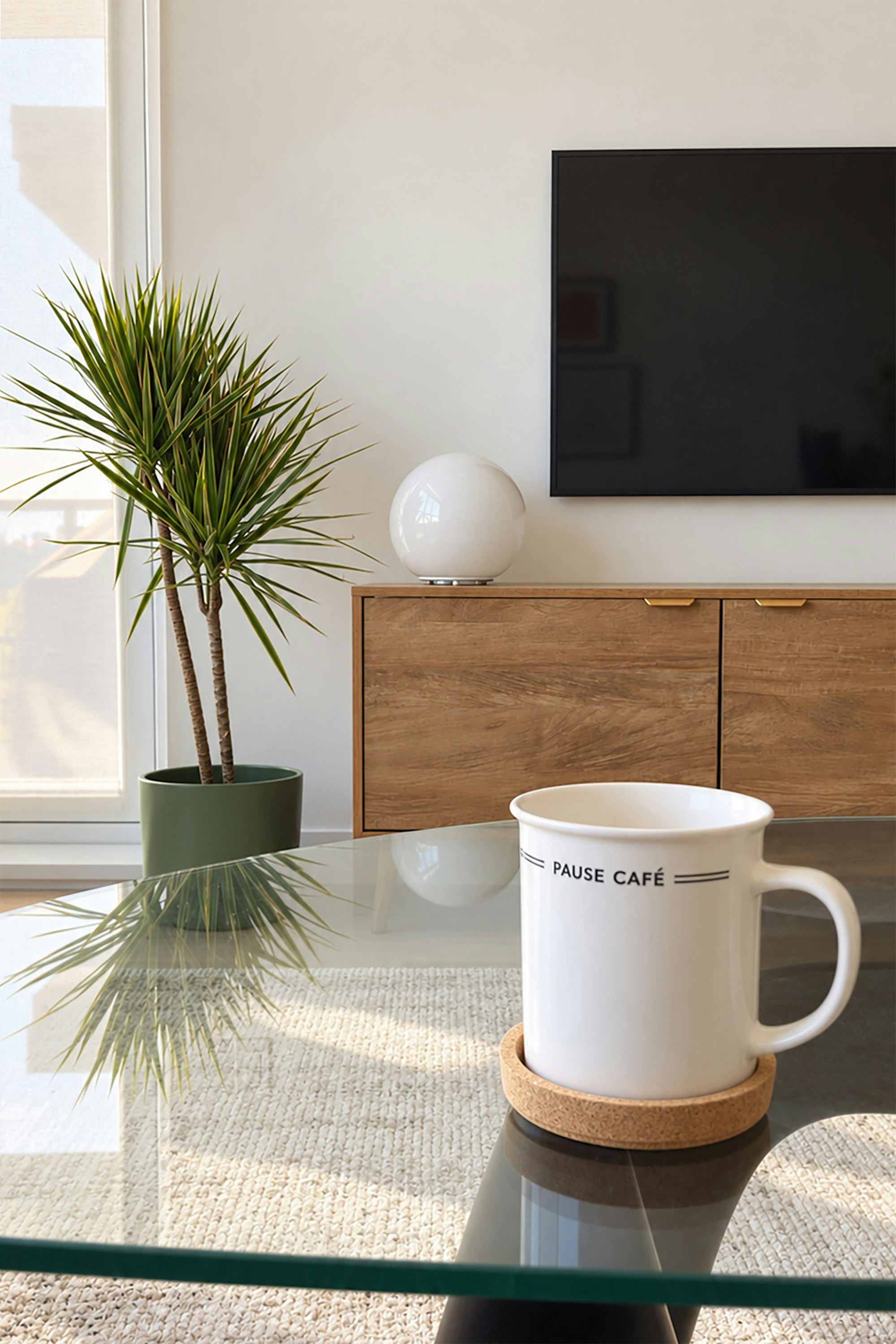 A white mug reading "PAUSE CAFÉ" on a cork coaster on a glass table