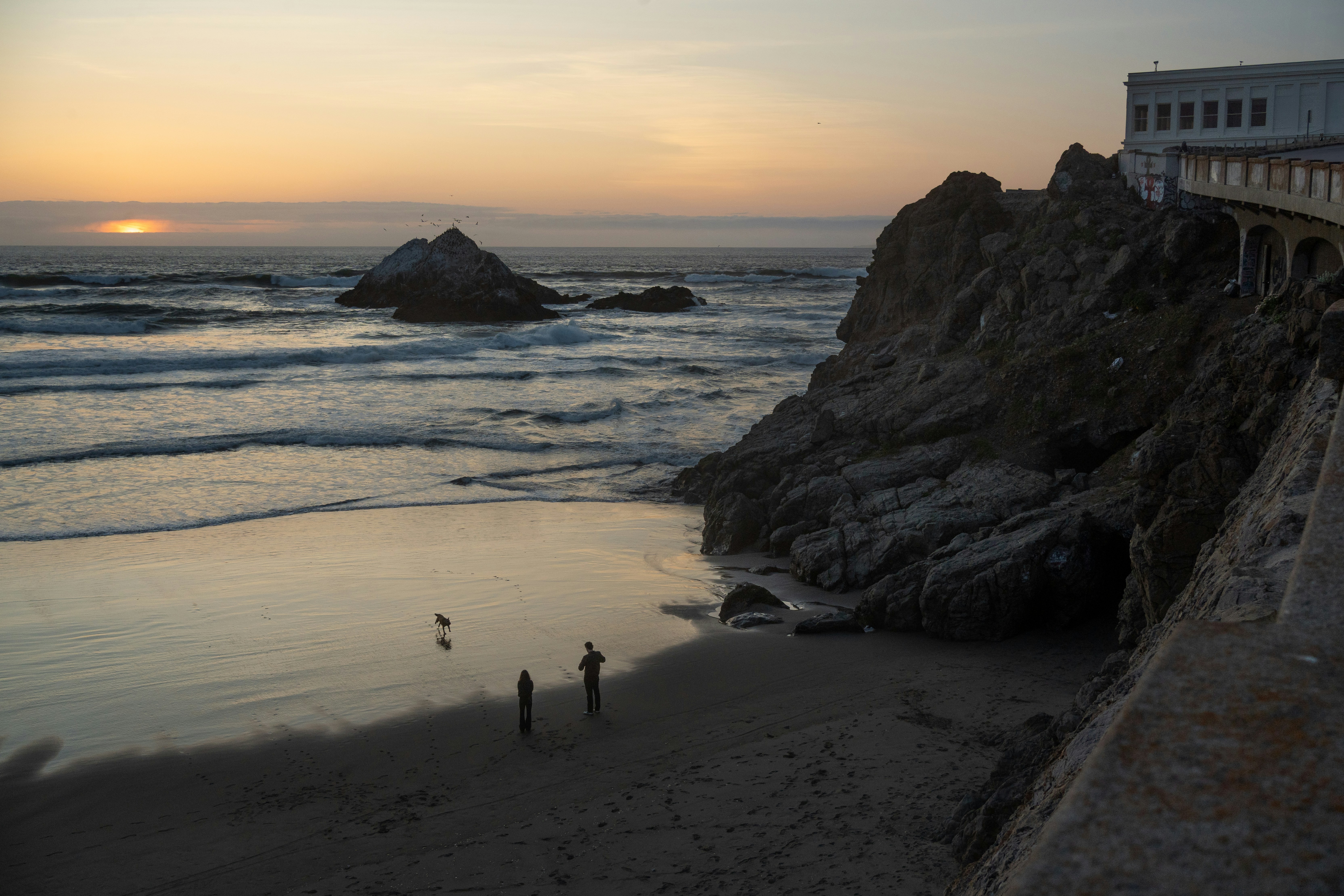Two people and a dog on a sandy beach below rocky cliffs at low sun
