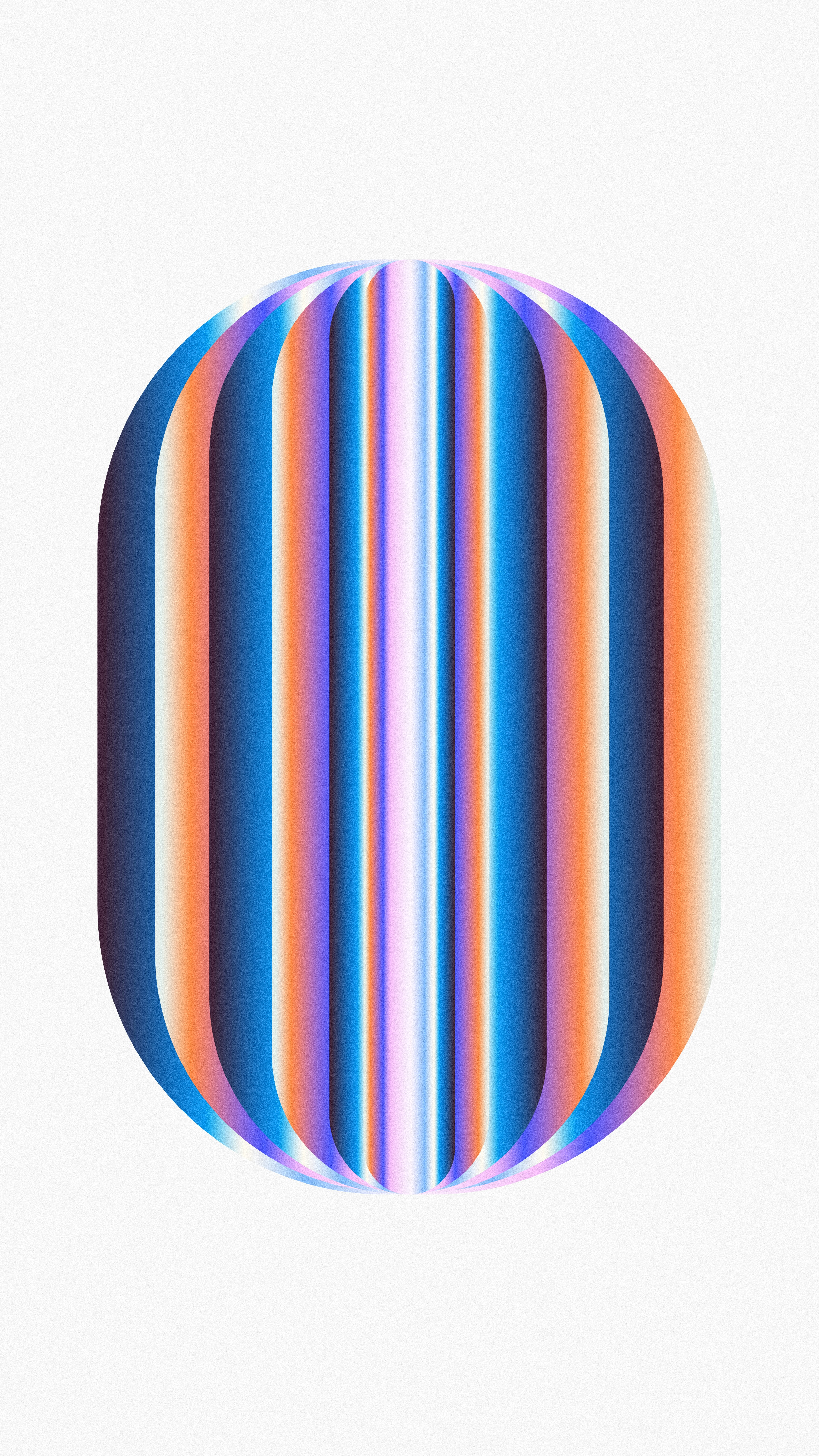 An oval shape with vertical blue and orange gradient stripes on white