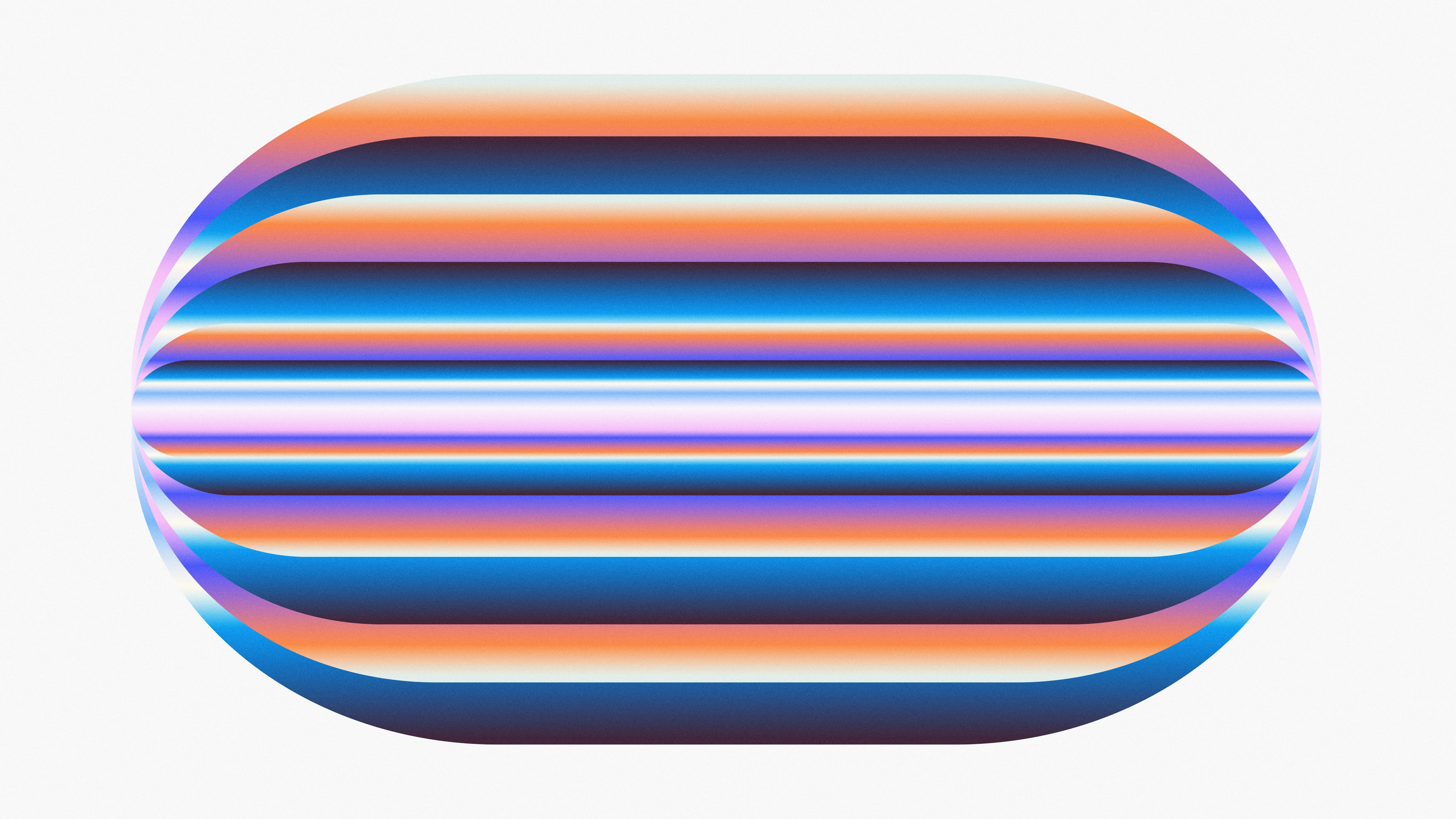 An oval shape with horizontal blue and orange gradient stripes on a white background