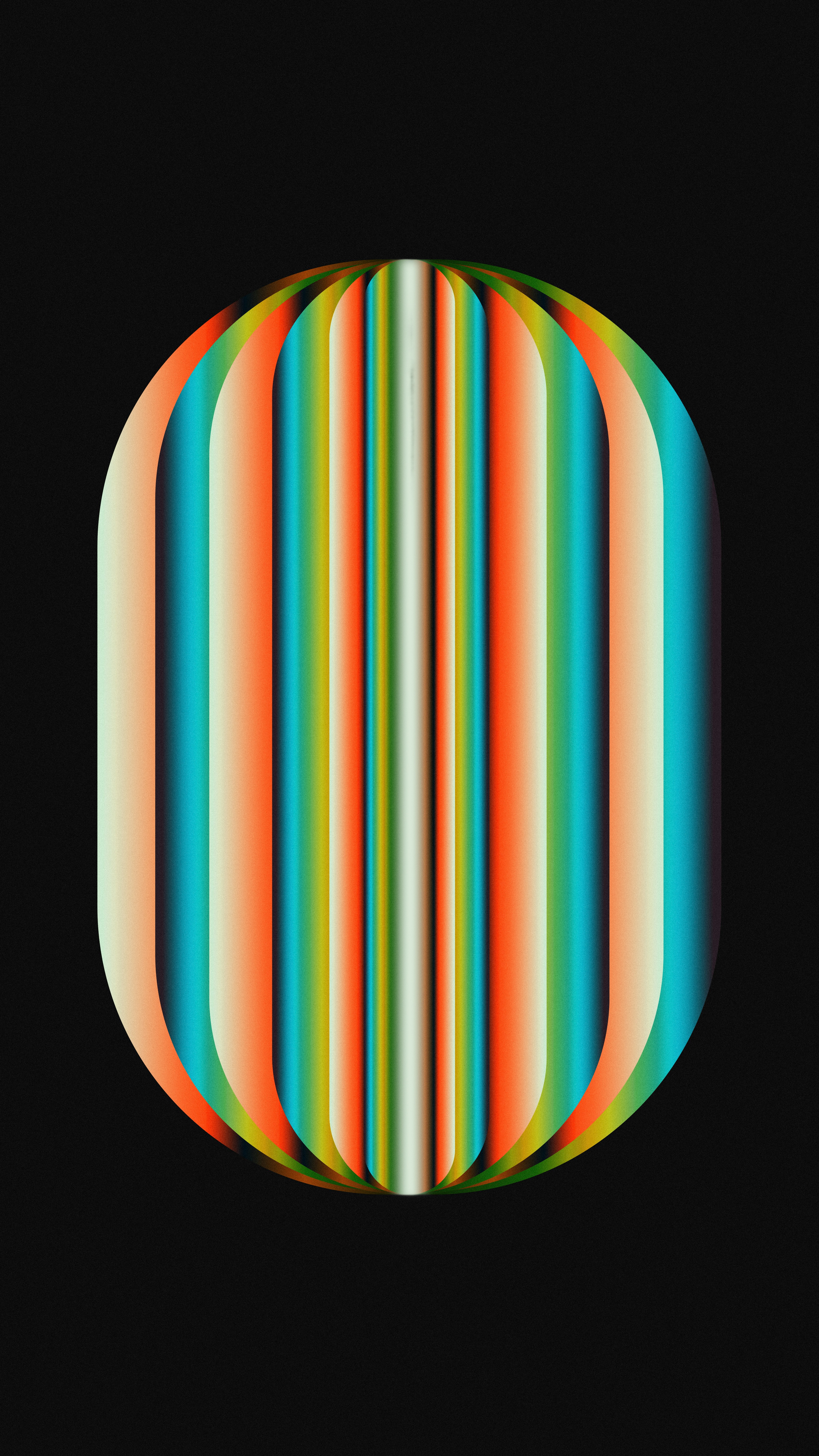 An oval shape filled with vertical stripes of orange, green, and blue gradients