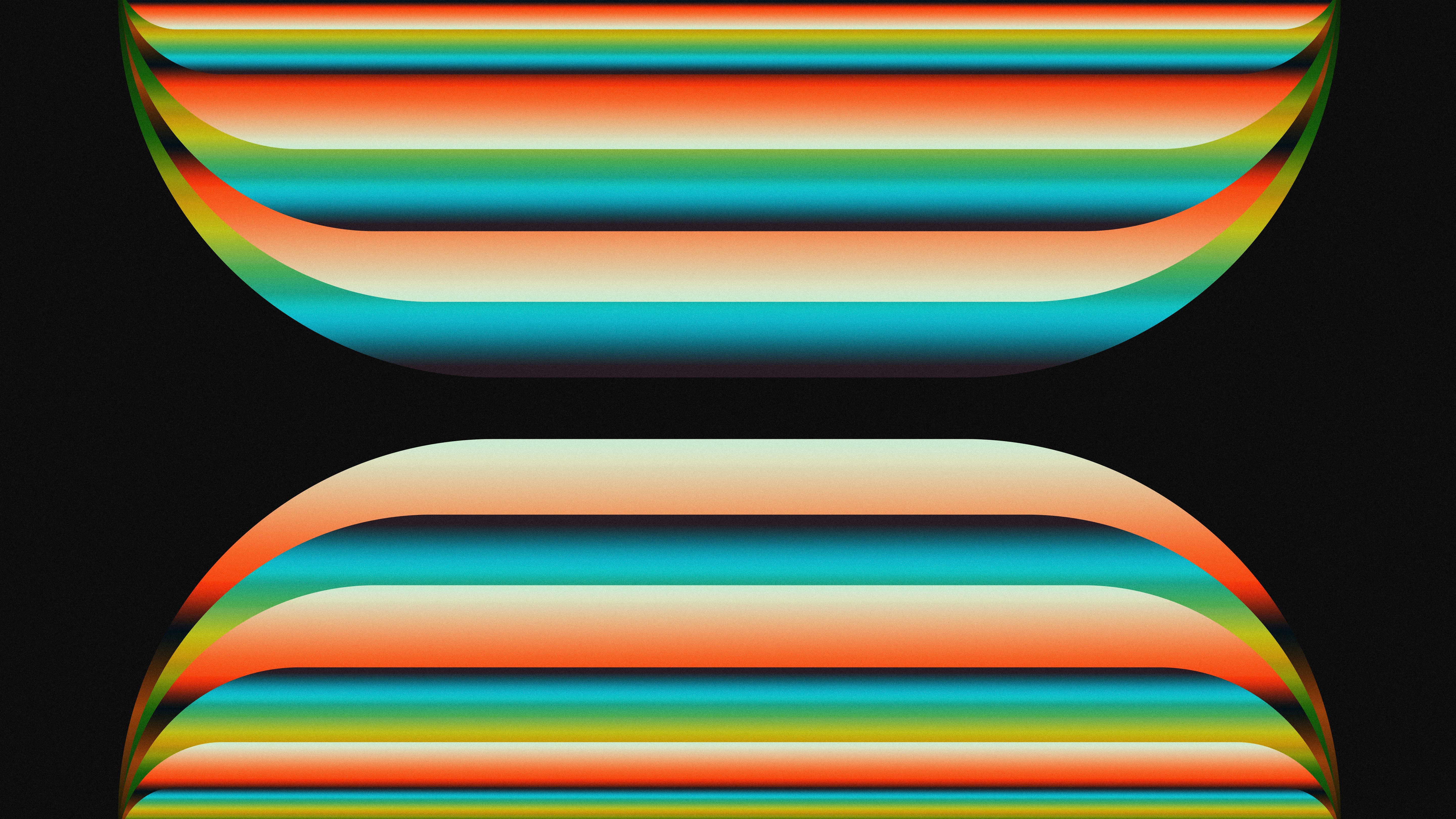 Two curved shapes with horizontal orange and teal gradients against a black background
