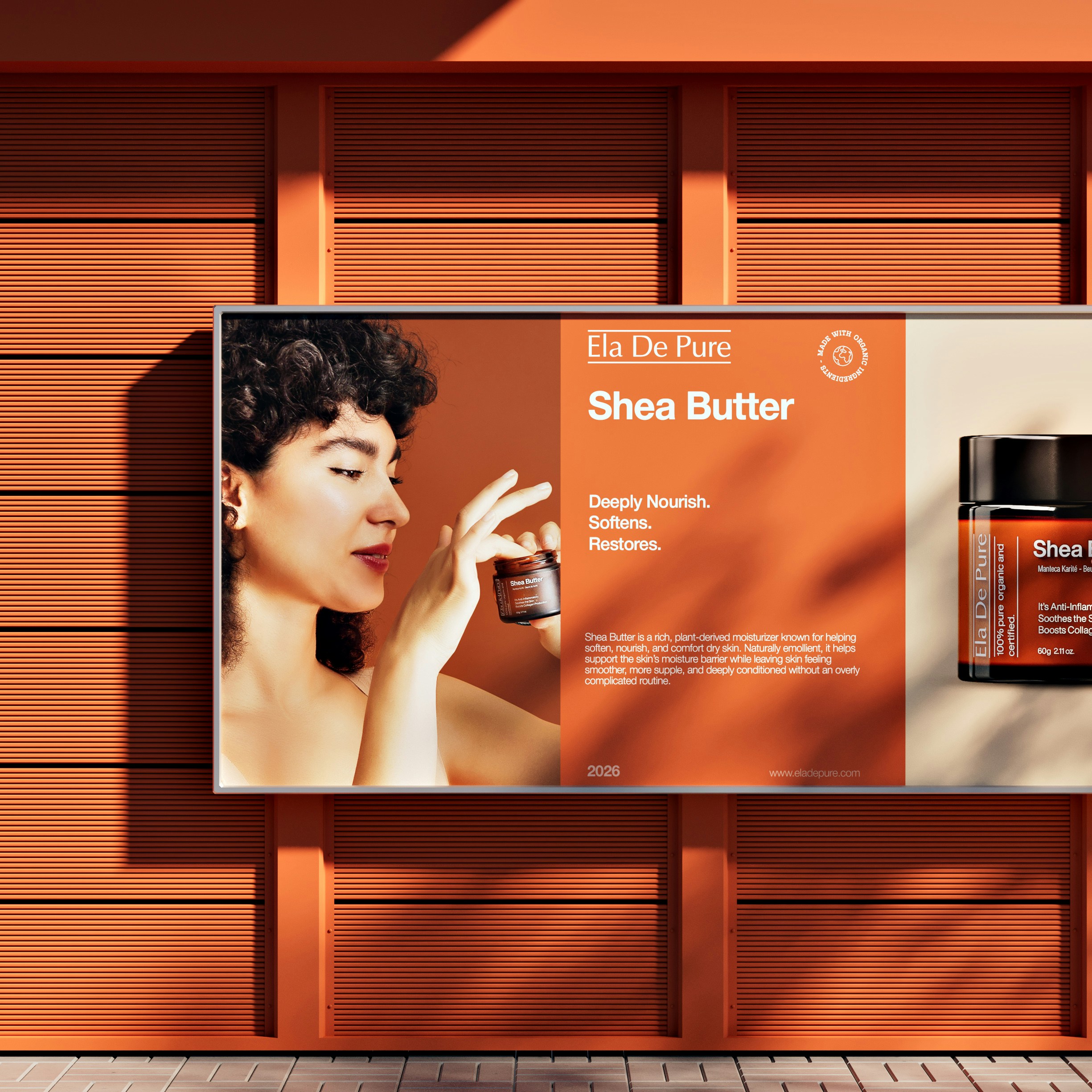 A woman holding a small jar of shea butter on an orange advertisement