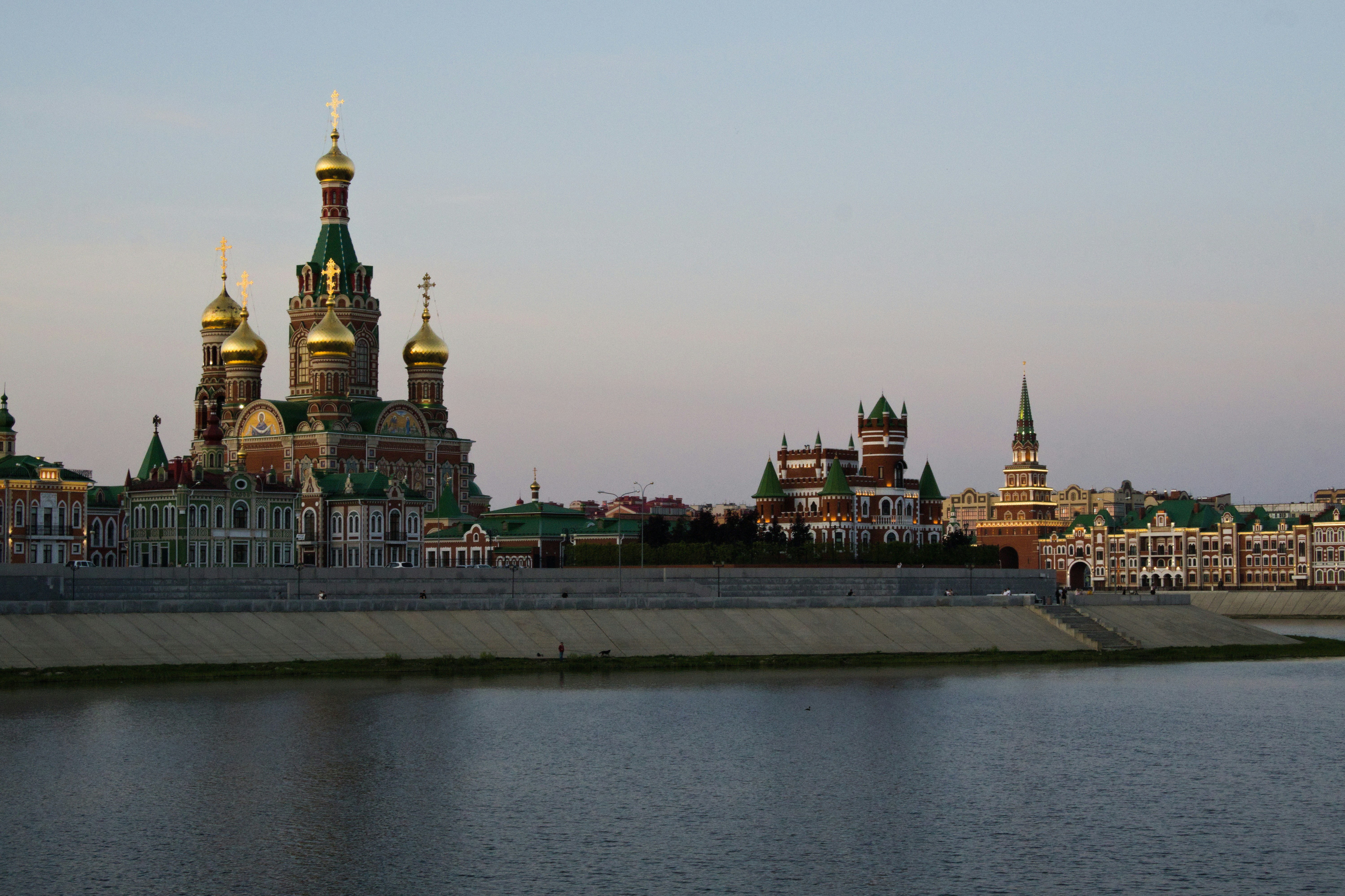 The Cathedral of the Annunciation with golden domes along the river in Yoshkar-Ola