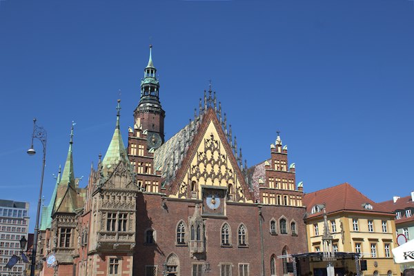The ornate brick facade of the Gothic Old Town Hall in Wroclaw, Poland — Wrocław, Poland