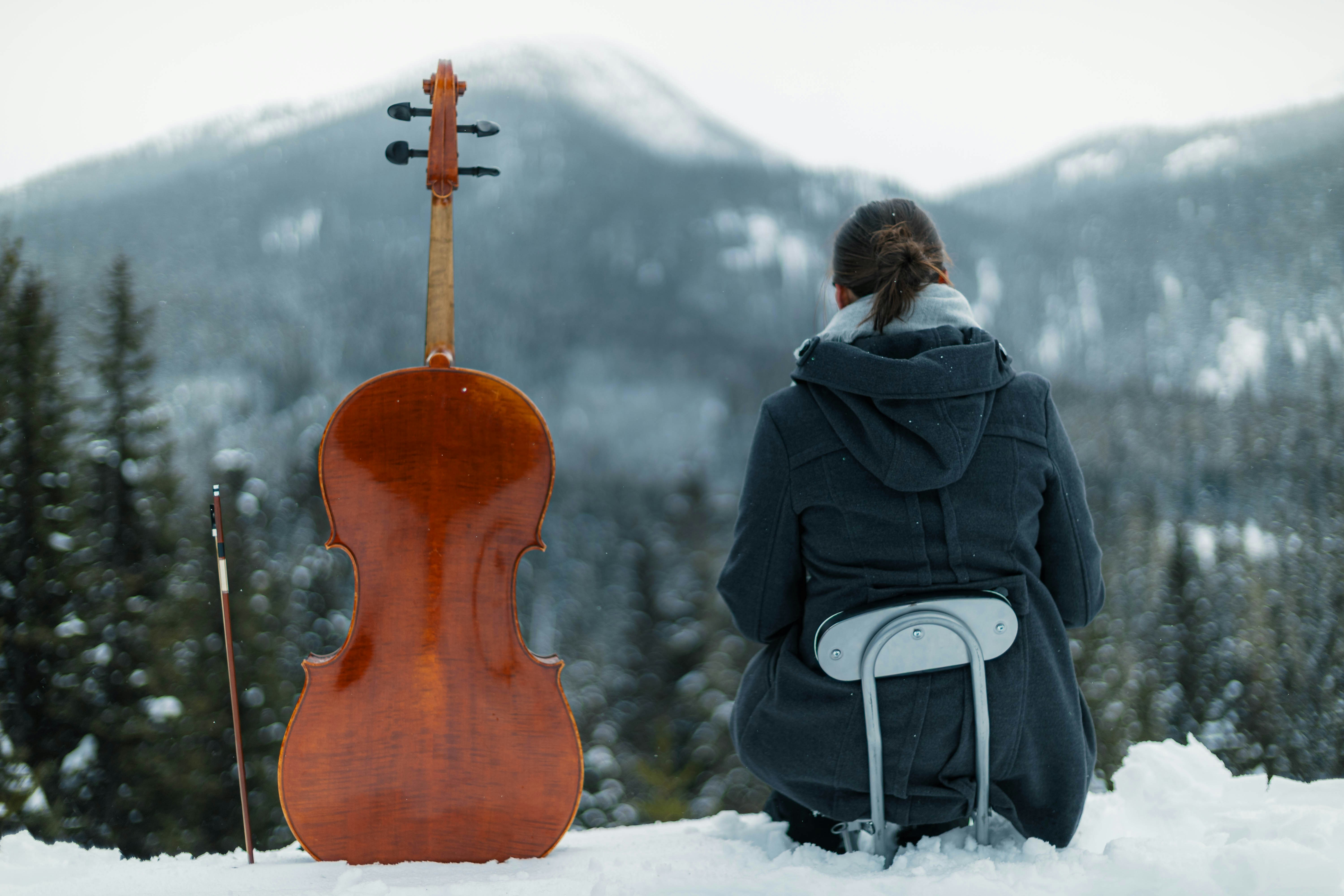 A cello beside a person seated on a chair in a snowy landscape