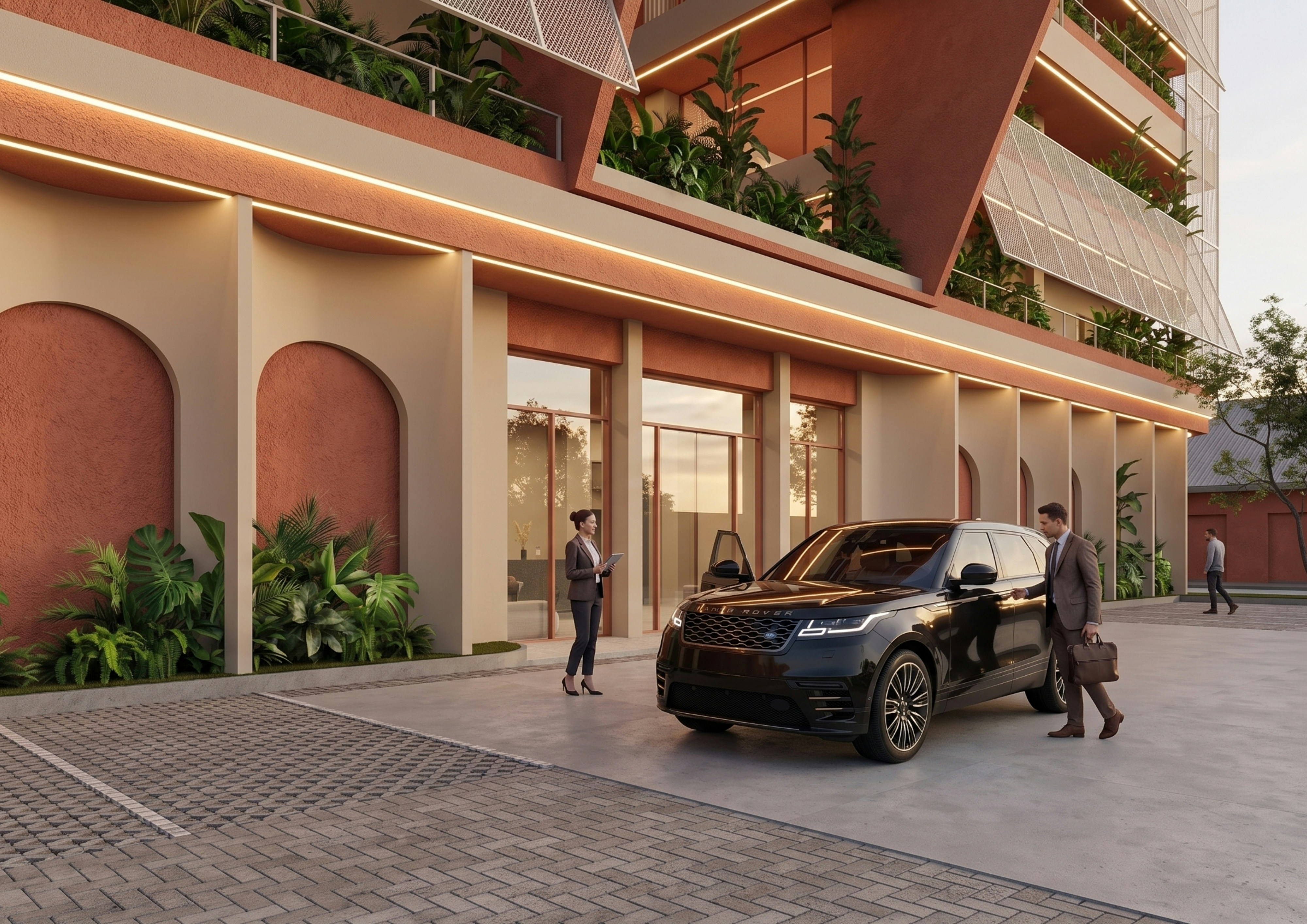 Chauffeur opening the door of a black SUV outside a modern office building