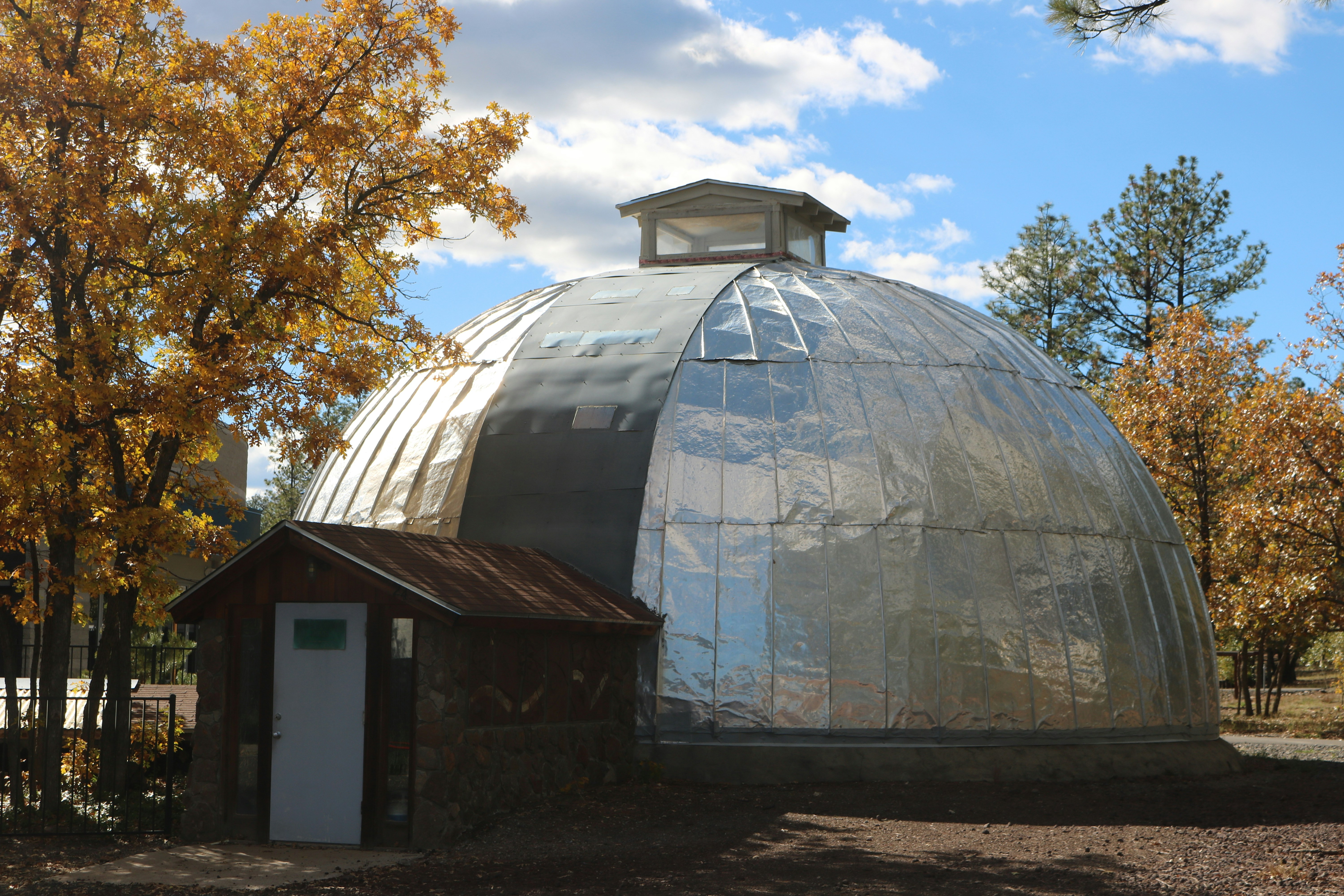 A metallic dome structure with a small wooden entrance in a forest clearing