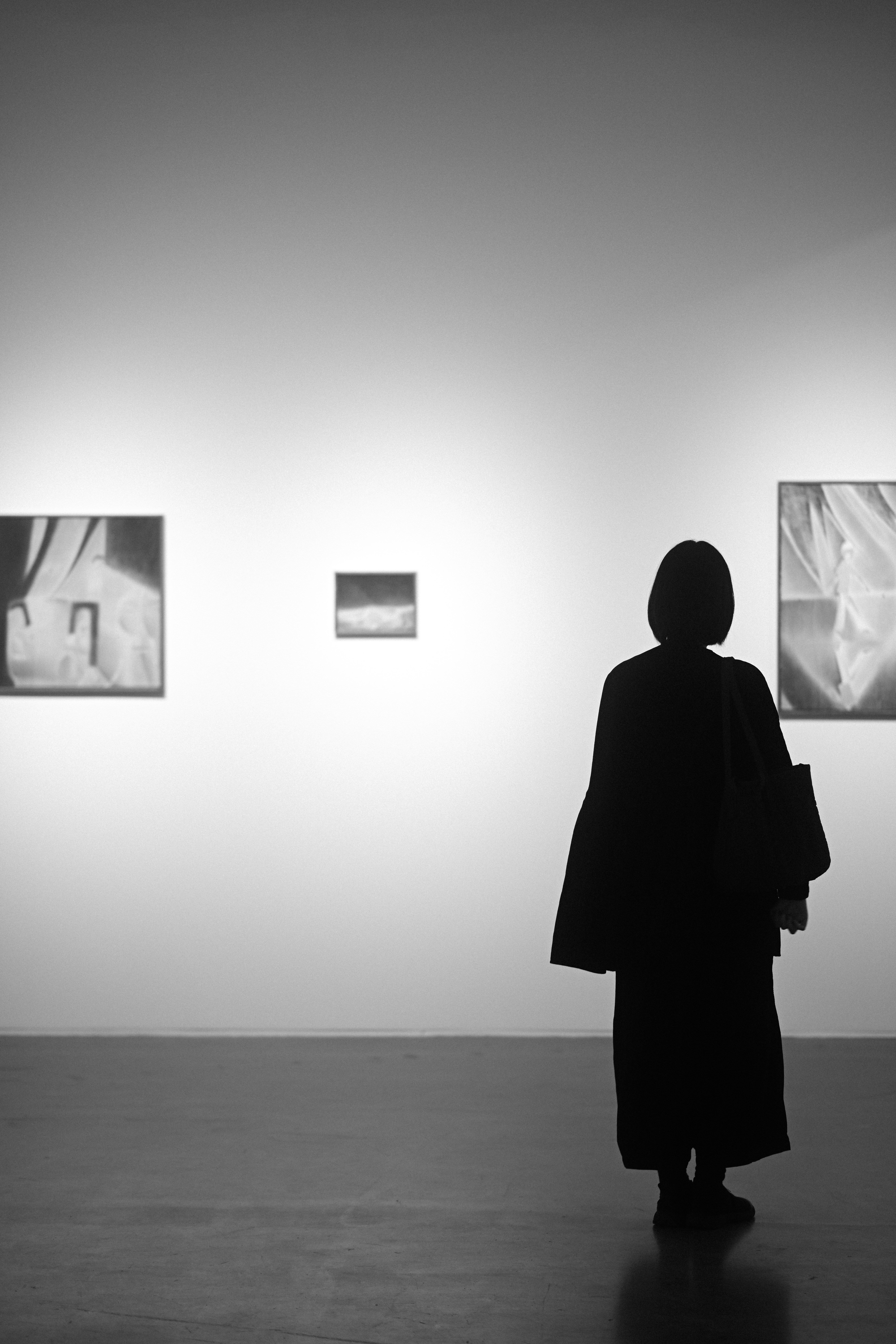 A person in silhouette viewing framed artwork on a white gallery wall