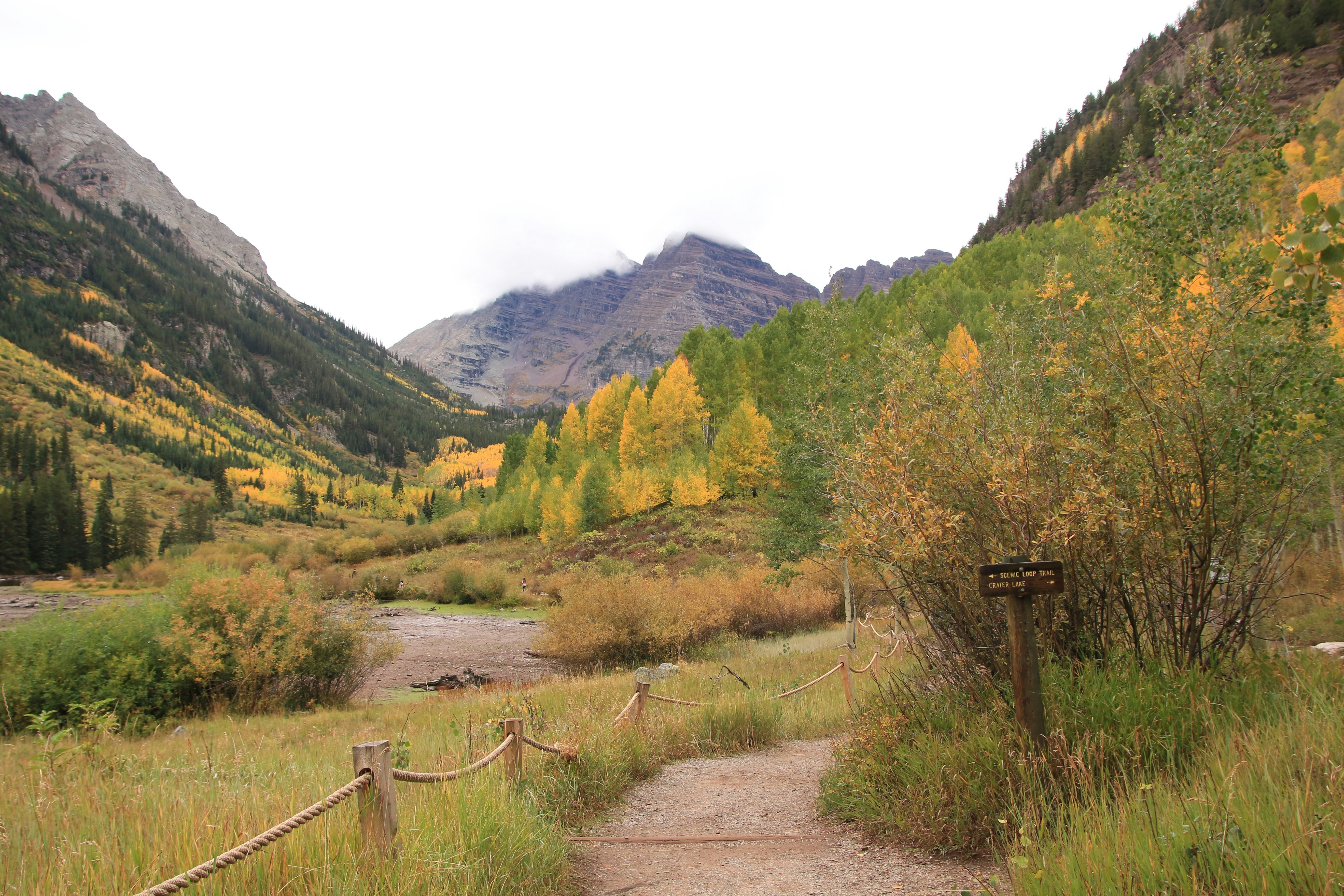A dirt trail leading toward mountains with yellow aspen trees in autumn