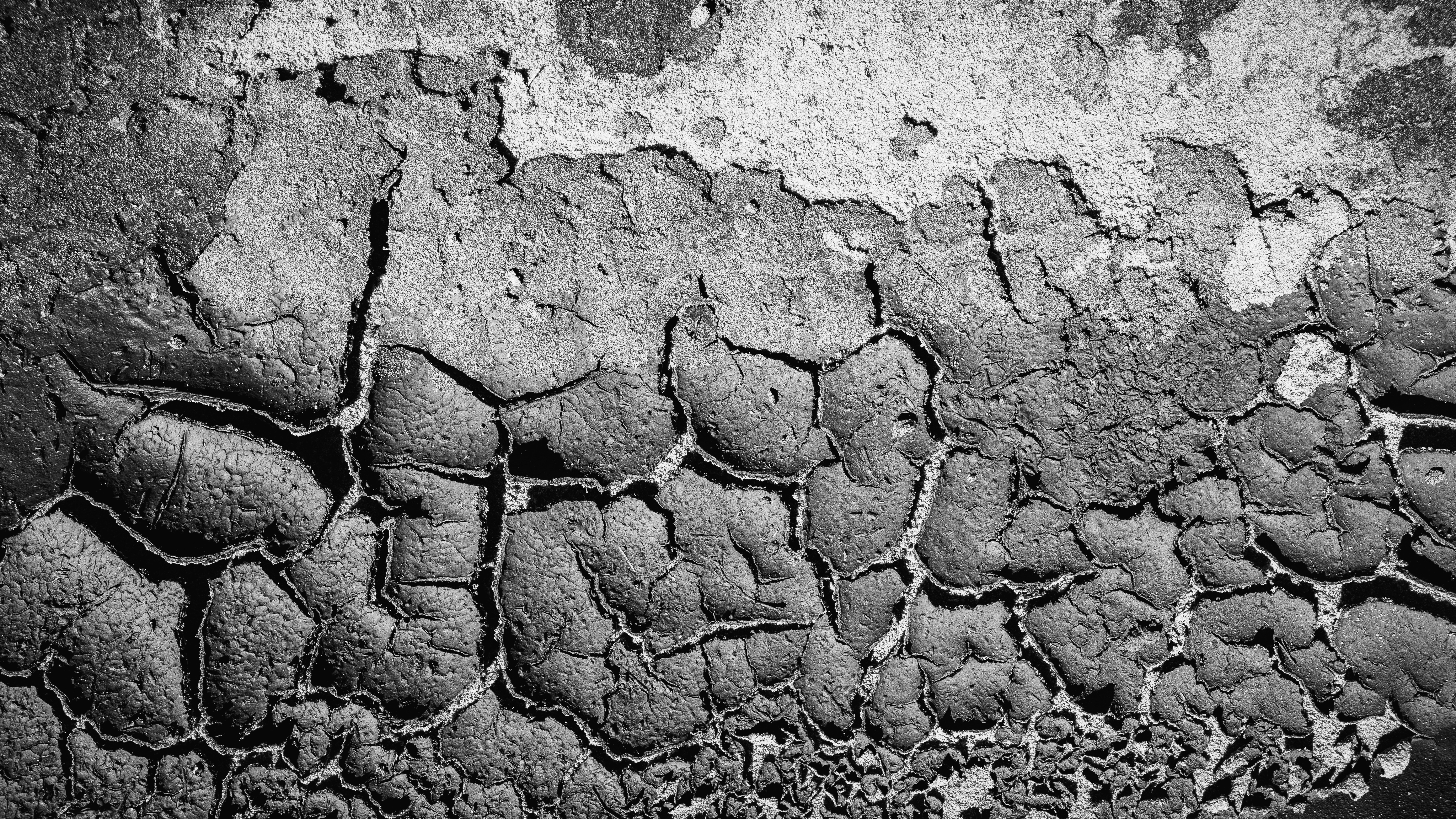 Eine schwarz-weiße Nahaufnahme rissiger, trockener Erde mit tiefen Rissen
