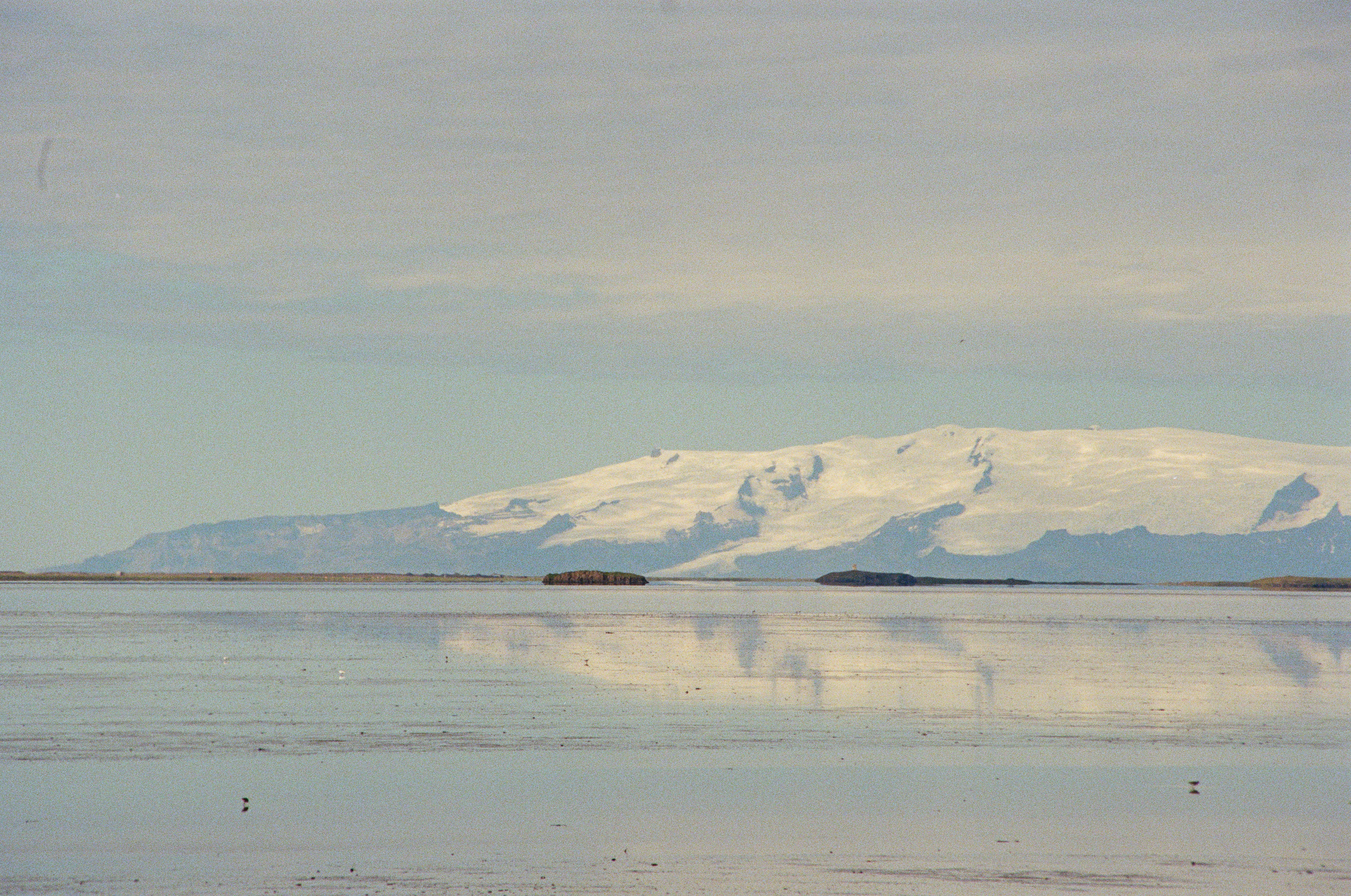 A snow-covered glacier reflecting in the calm water of a coastal lagoon