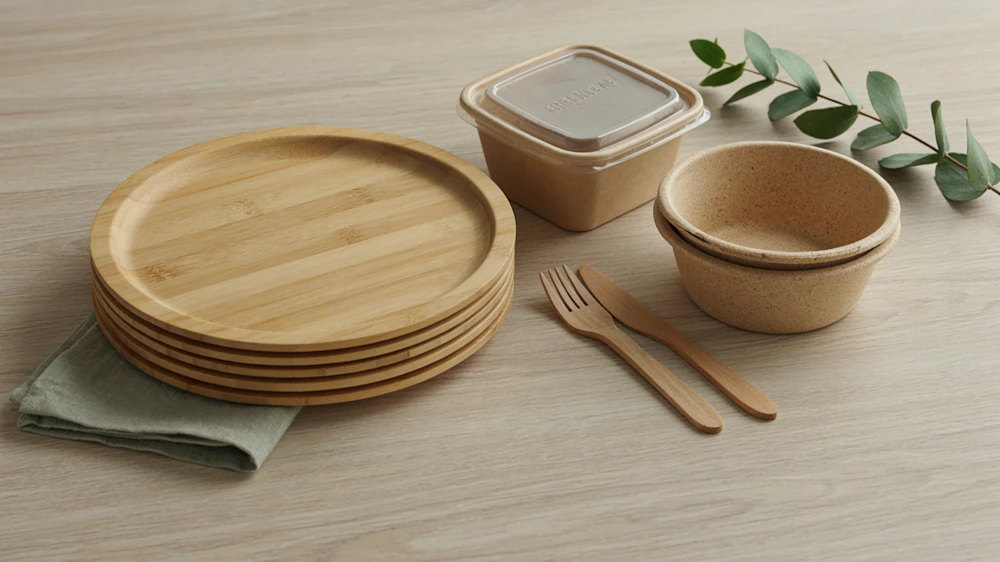 A stack of bagasse plates and bowls with wooden cutlery on a table