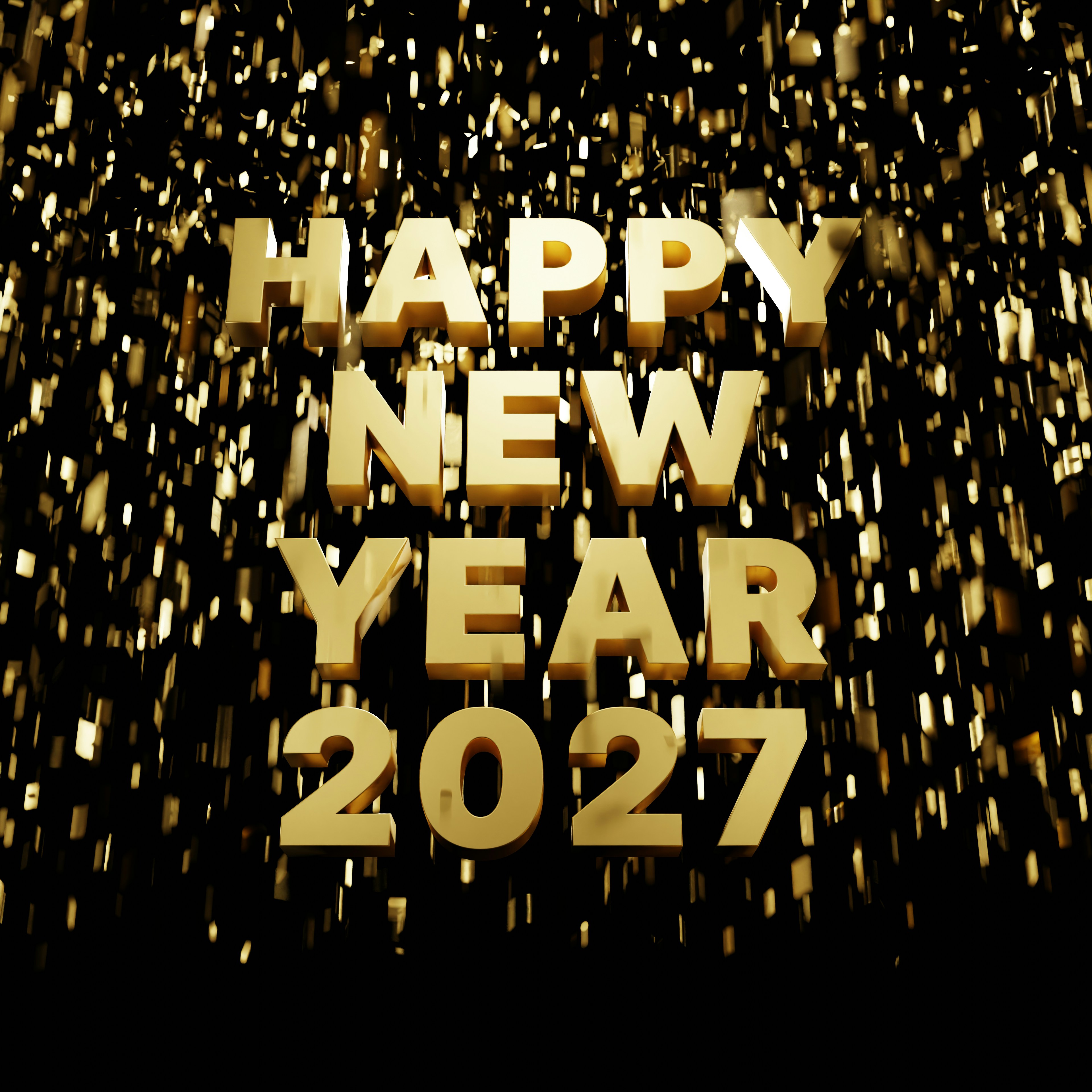 Golden letters reading "HAPPY NEW YEAR 2027" with falling confetti