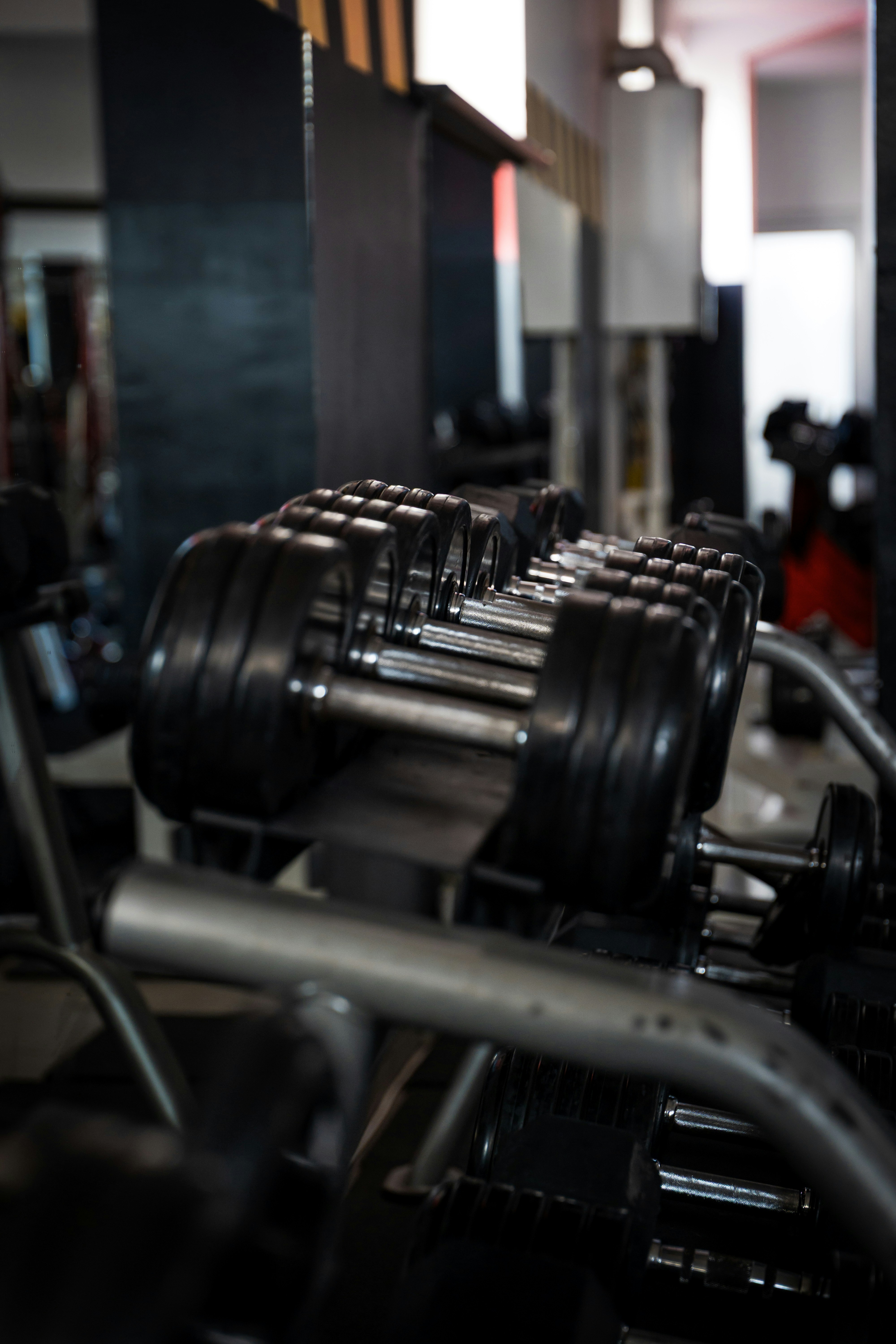 A rack of black dumbbells in a gym