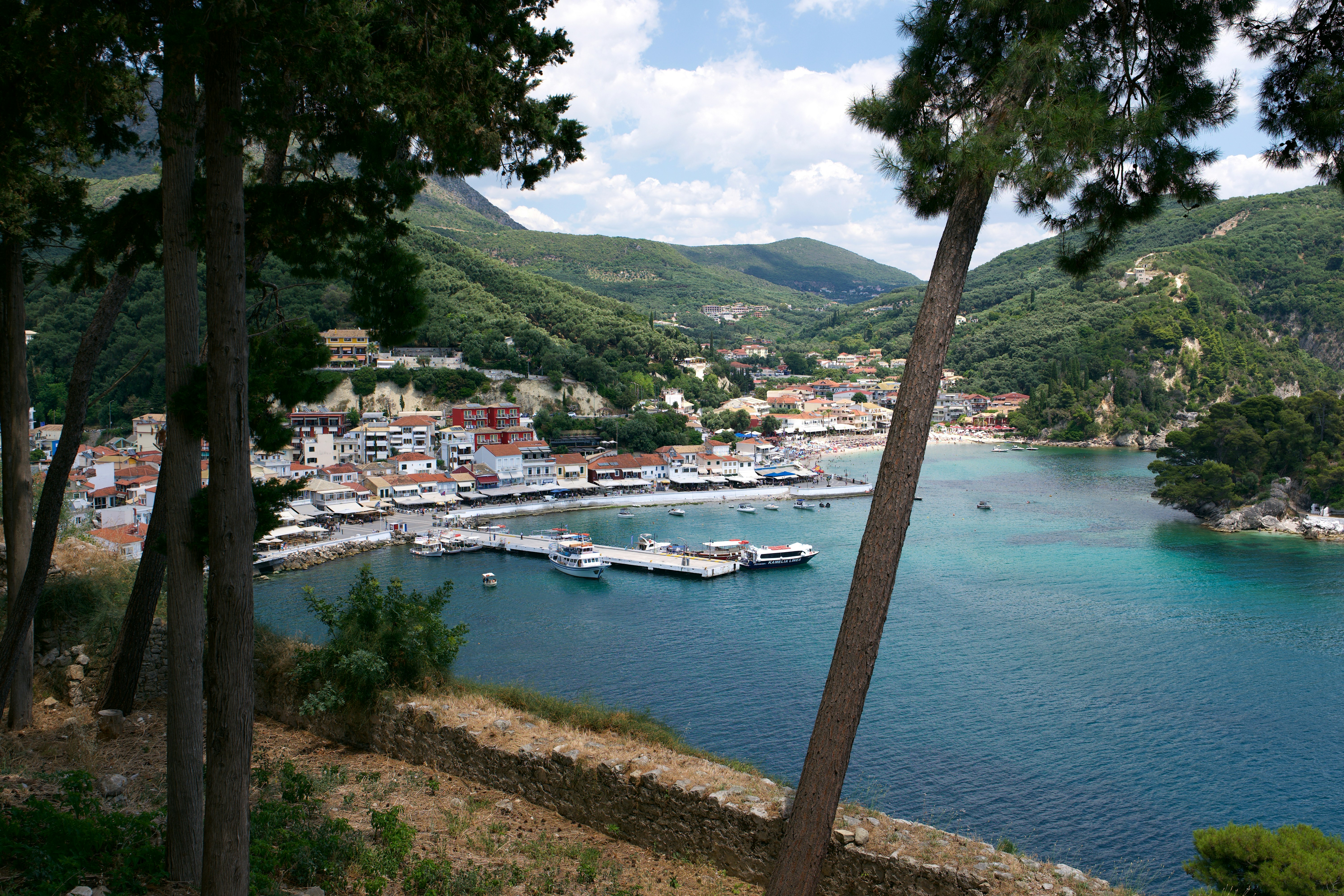A coastal town with a harbor and boats nestled in a green mountain bay