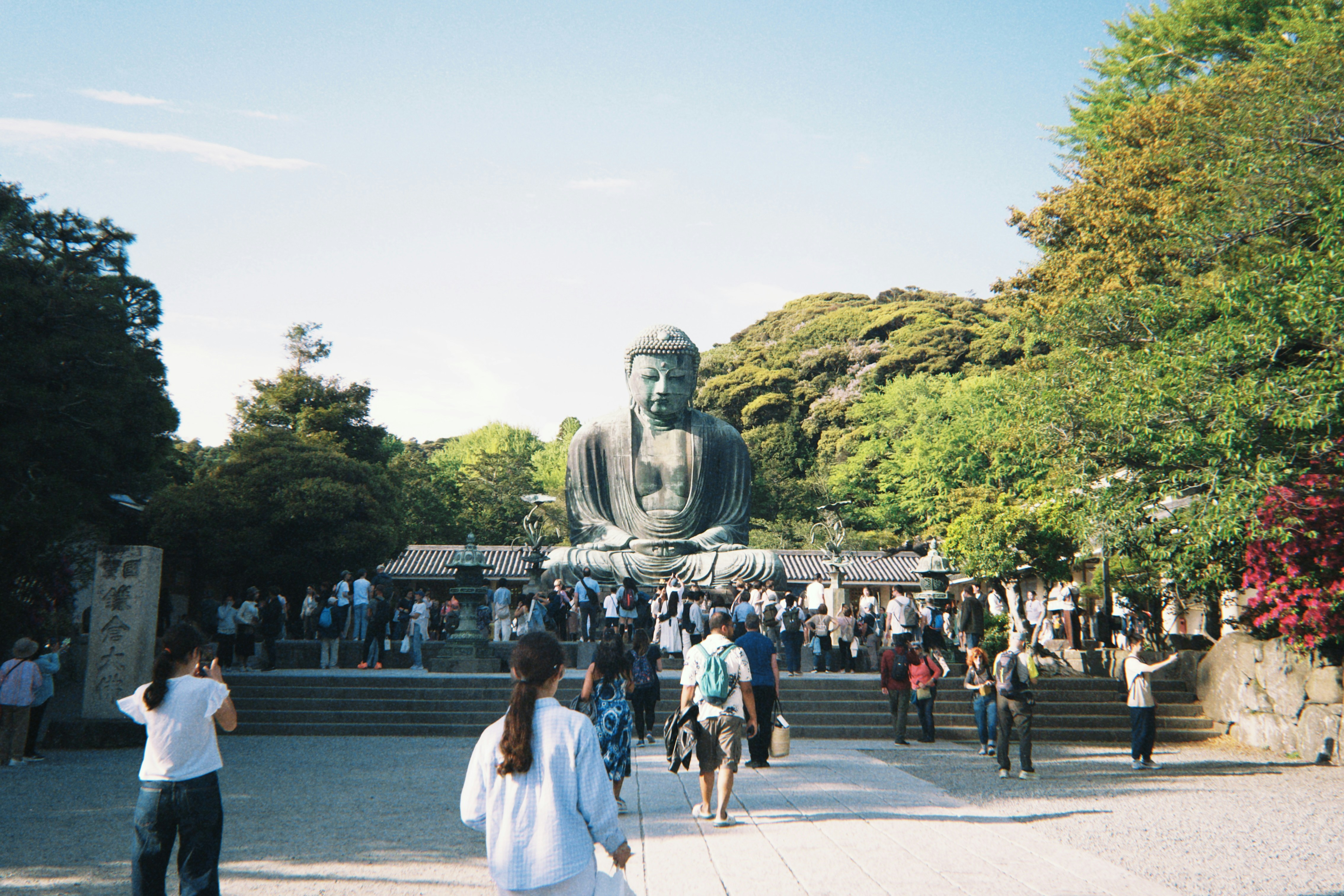 A crowd of people visiting the Great Buddha statue in Kamakura, Japan