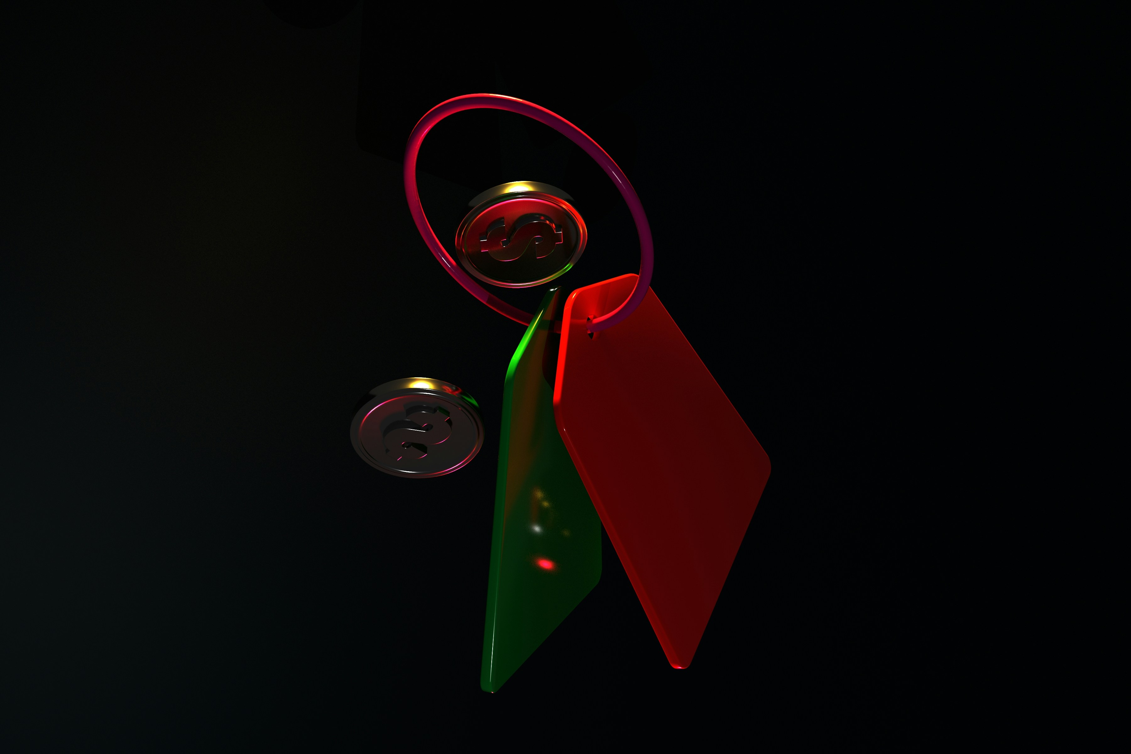 Two dollar coins and two translucent geometric tags hanging from a pink ring