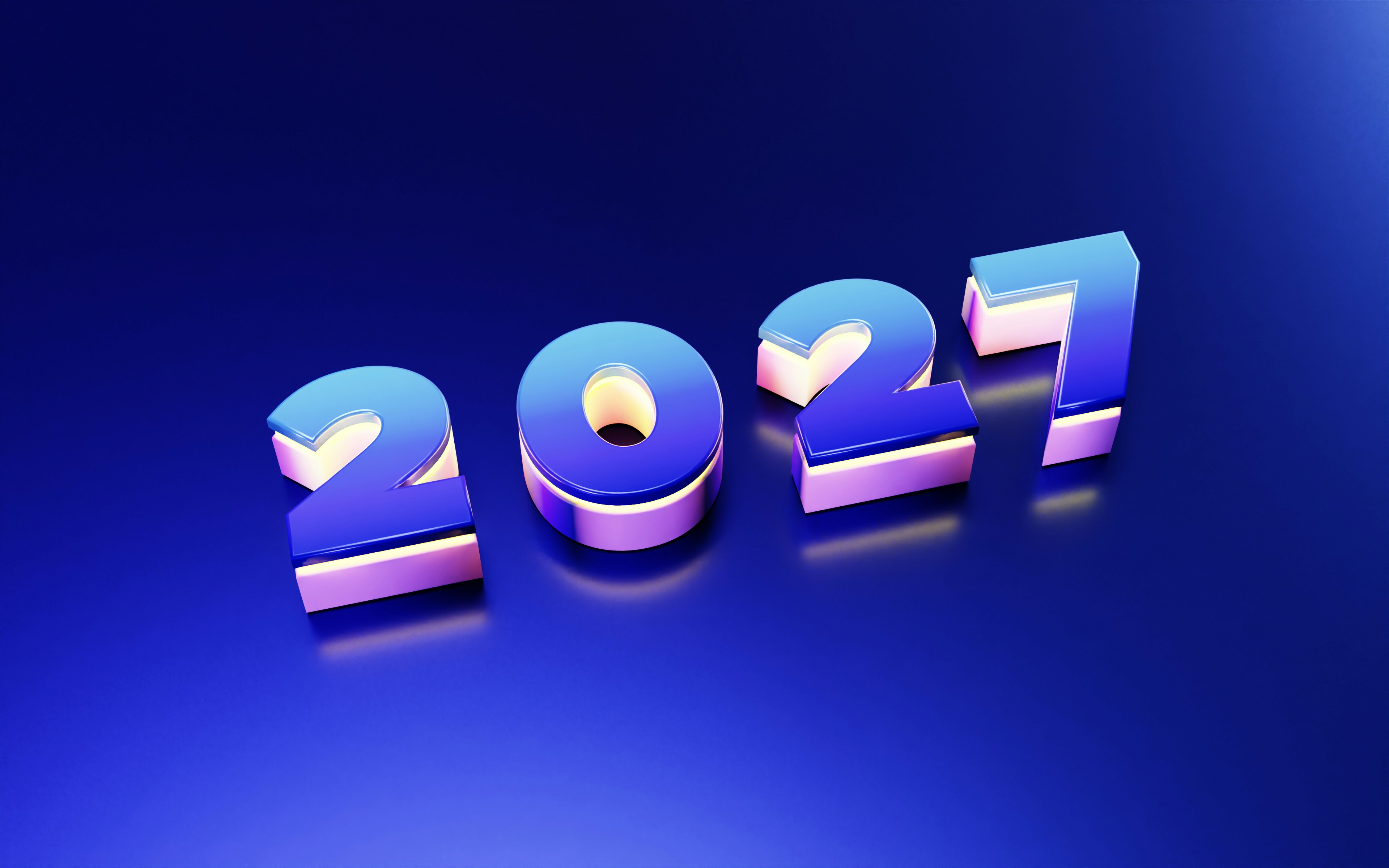 A clean, high-resolution 3D isometric rendering of the year 2027. The numbers feature vibrant cyan-to-purple gradient metallic tones with subtle white undersides, resting on a smooth dark blue reflective surface. Perfect for modern New Year banners, business forecasting, technology roadmaps, and minimalist digital designs.