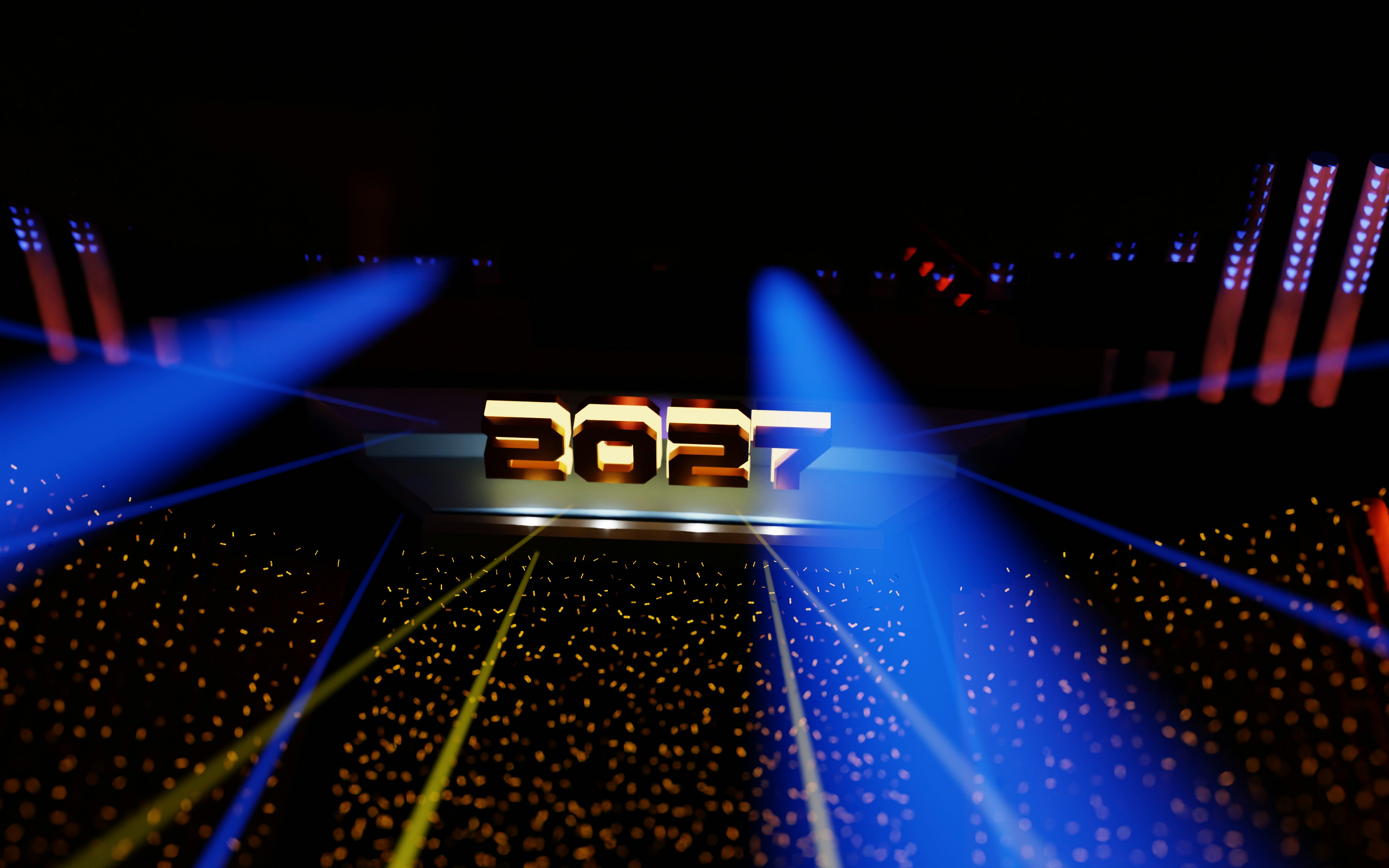 Notable Countries in the 2027 International Feature Film Race — The number 2027 in gold on a stage illuminated by blue spotlights