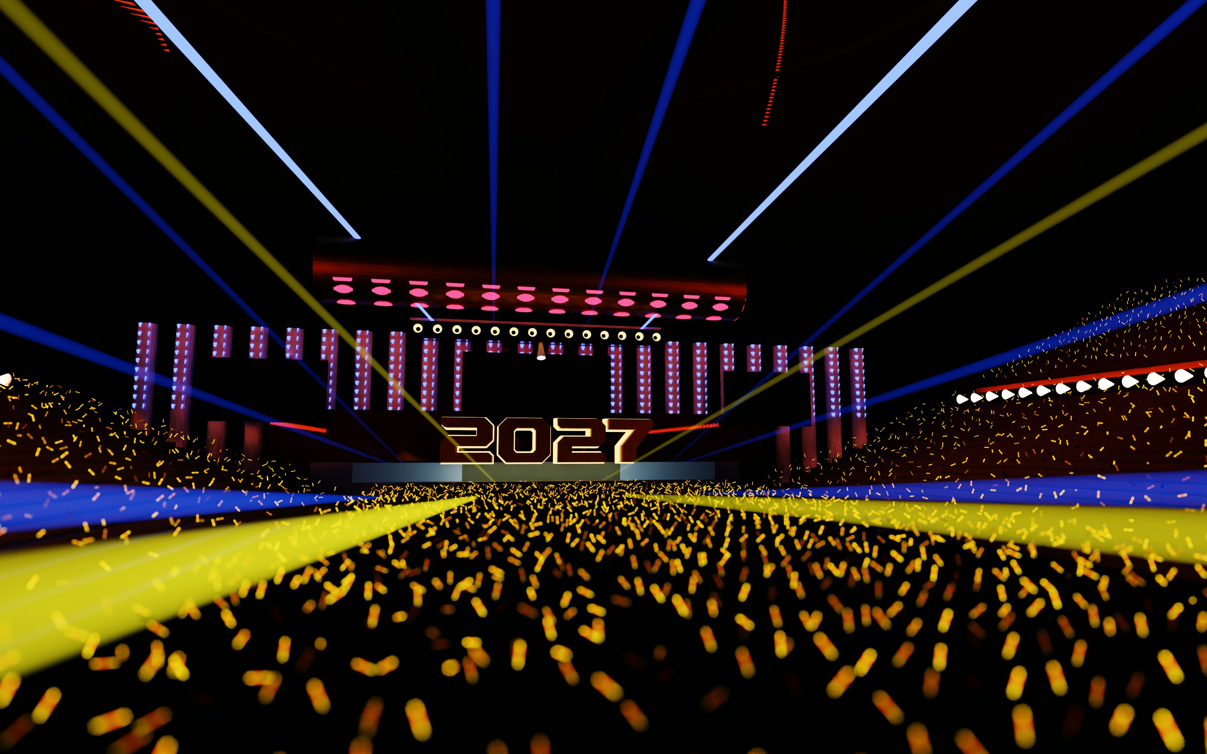 A spectacular, high-resolution 3D rendering of an grand arena stage setup celebrating the year 2027. The central stage features bold futuristic "2027" typography highlighted by vibrant laser beams, glowing spotlights, and a shower of gold confetti over an energetic crowd arena. Perfect for New Year music festival banners, event promotion, concert concepts, and dynamic entertainment backgrounds.