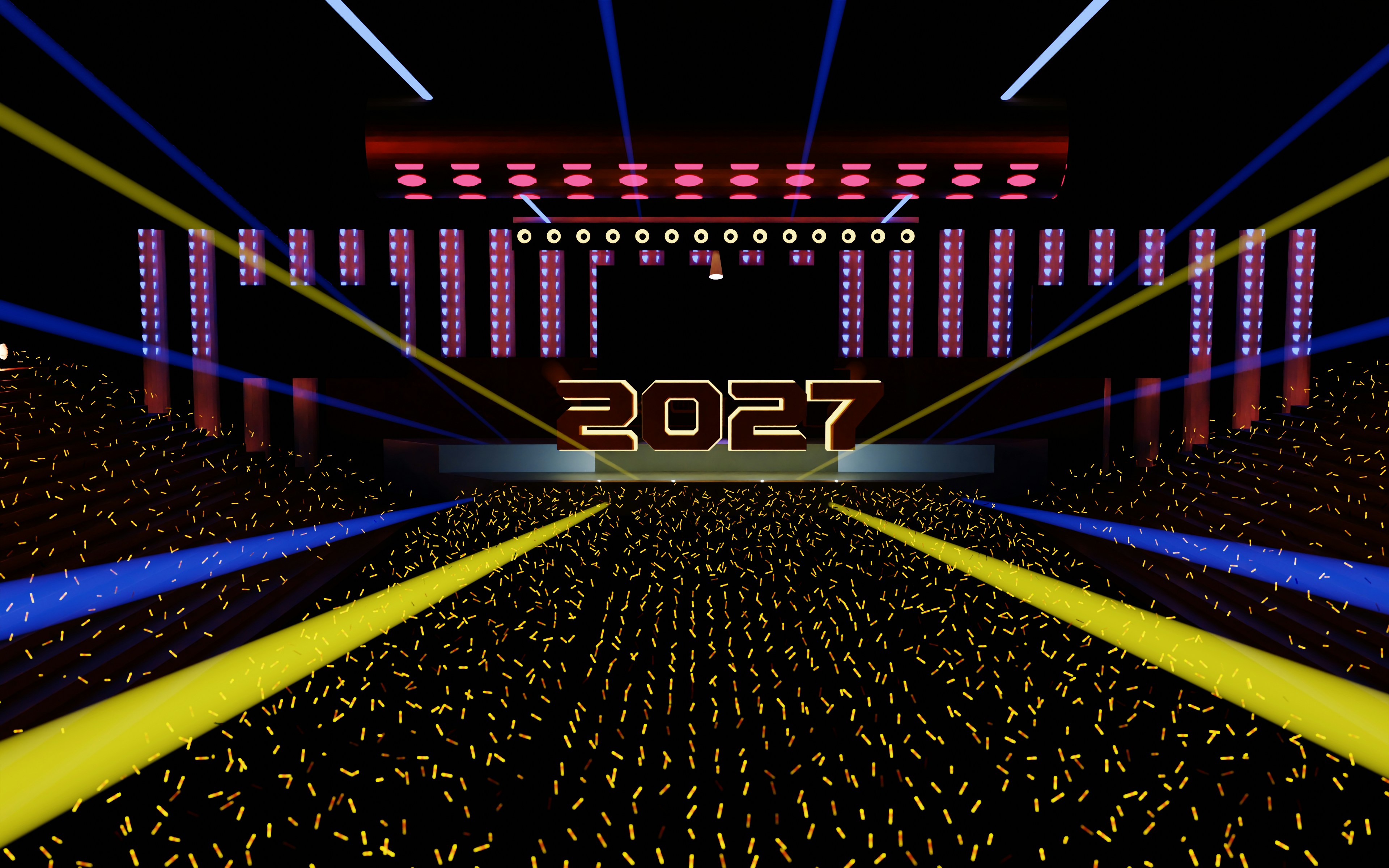 Illustration d’une salle de concert illuminée de jaune et de bleu avec l’année 2027 sur scène, évoquant la tournée Star Academy à Forest National
