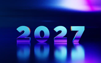 The number 2027 in metallic blue and purple gradient on a reflective surface