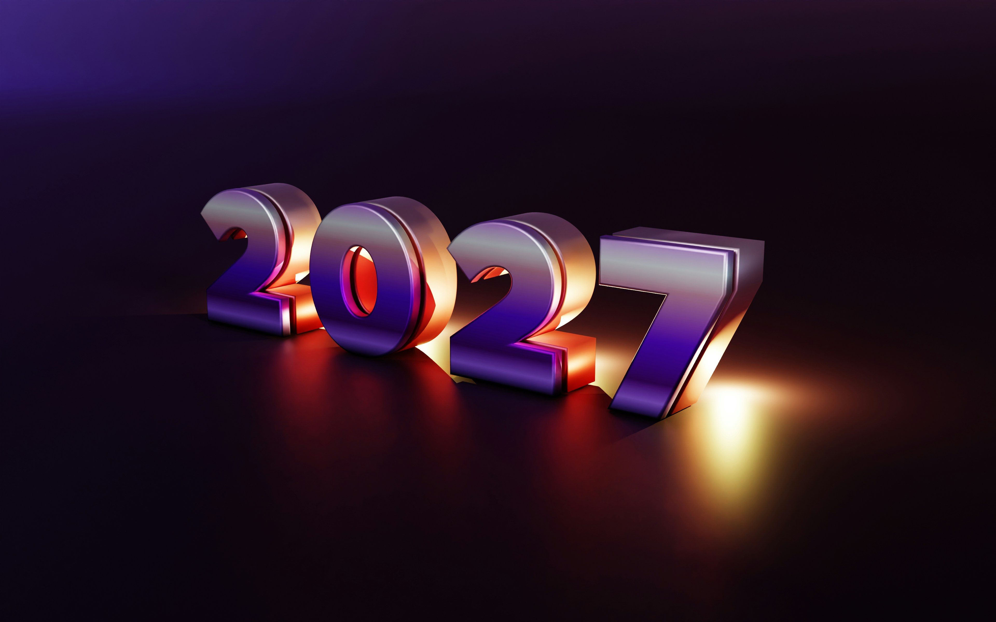 The numbers 2027 in metallic purple and gold on a dark reflective surface