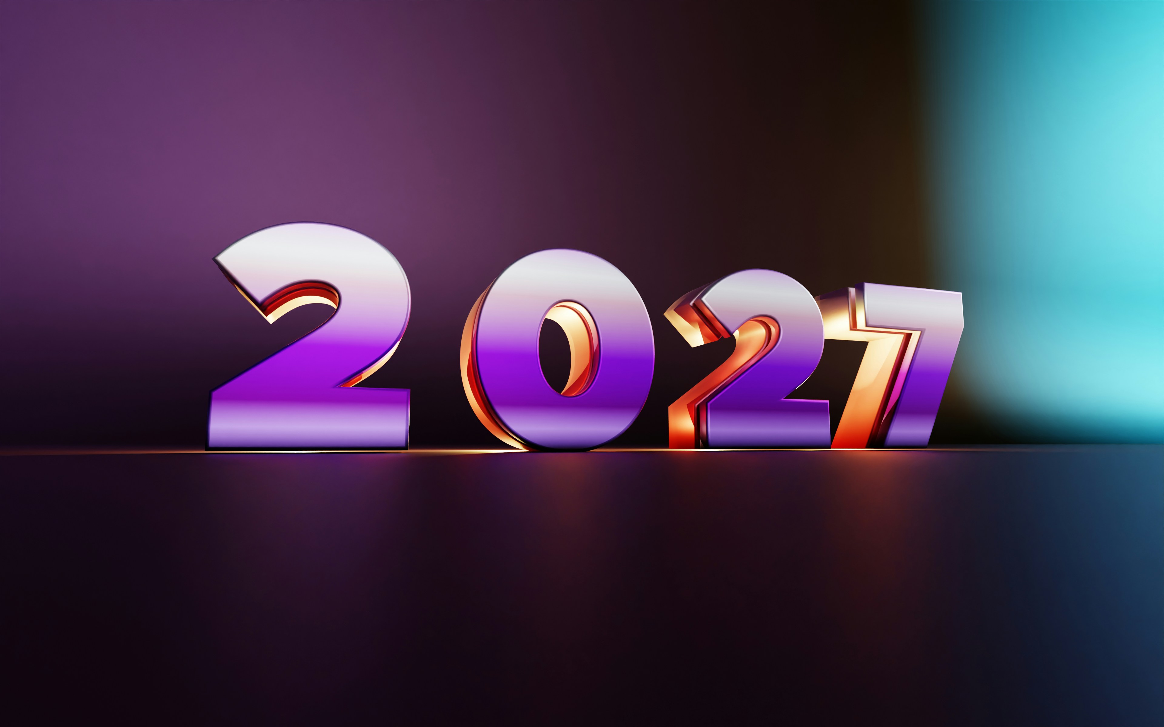 The numbers 2027 in metallic purple and gold on a dark reflective surface