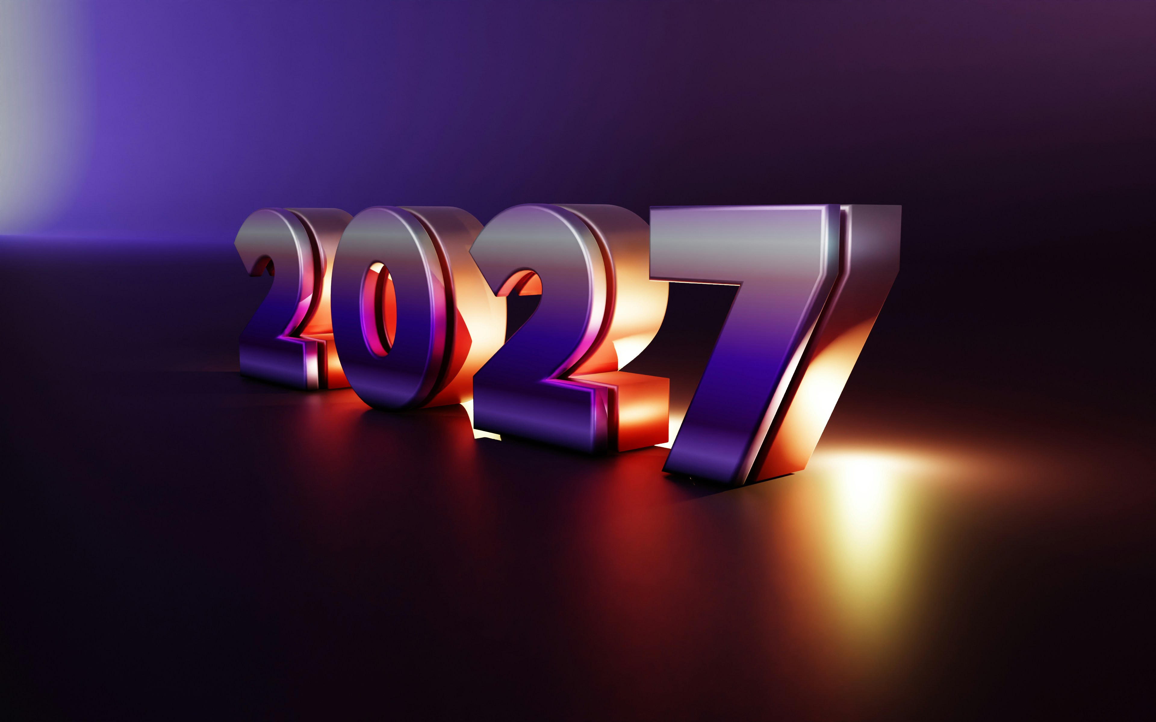 The numbers 2027 in metallic purple and orange light on a dark surface