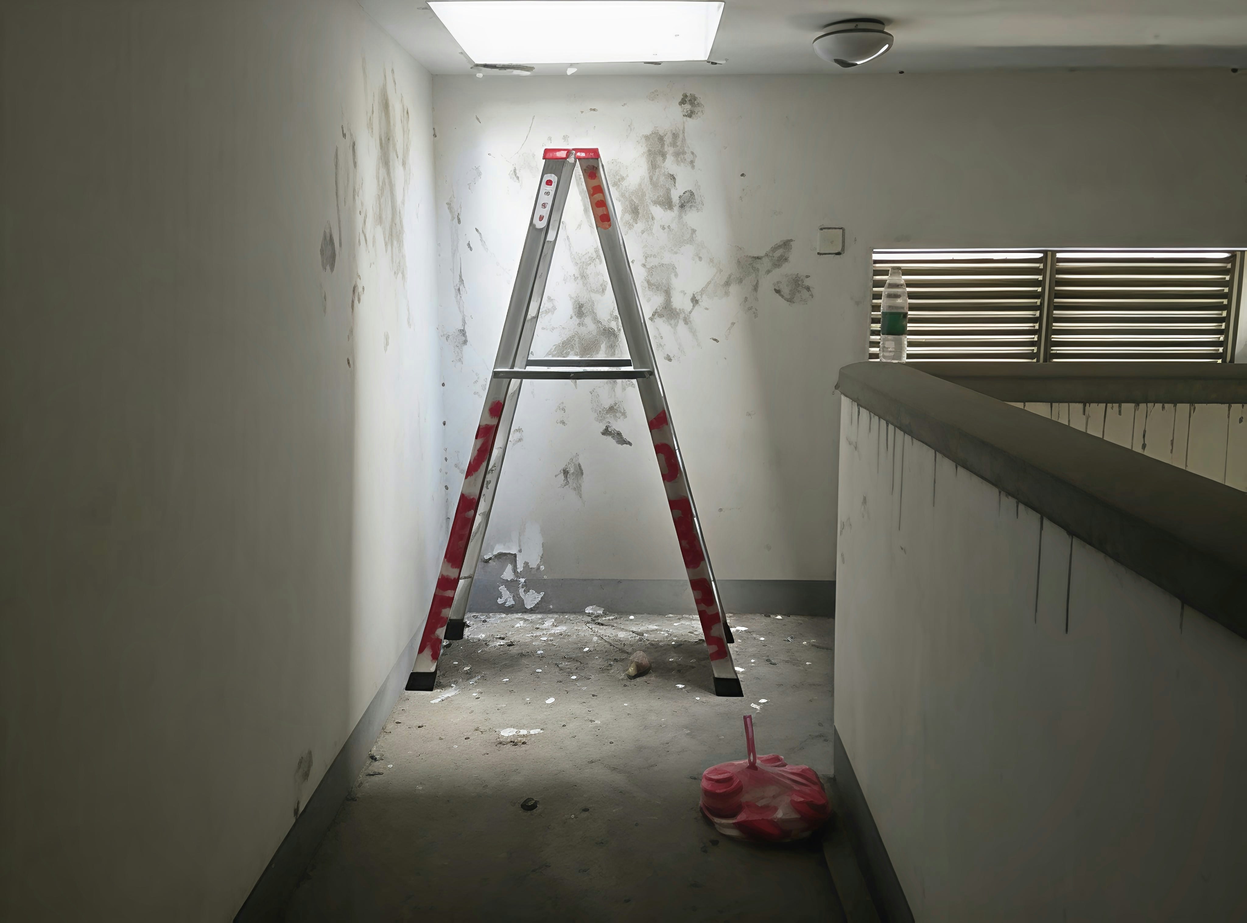 A metal stepladder in a room with stained white walls and concrete floor