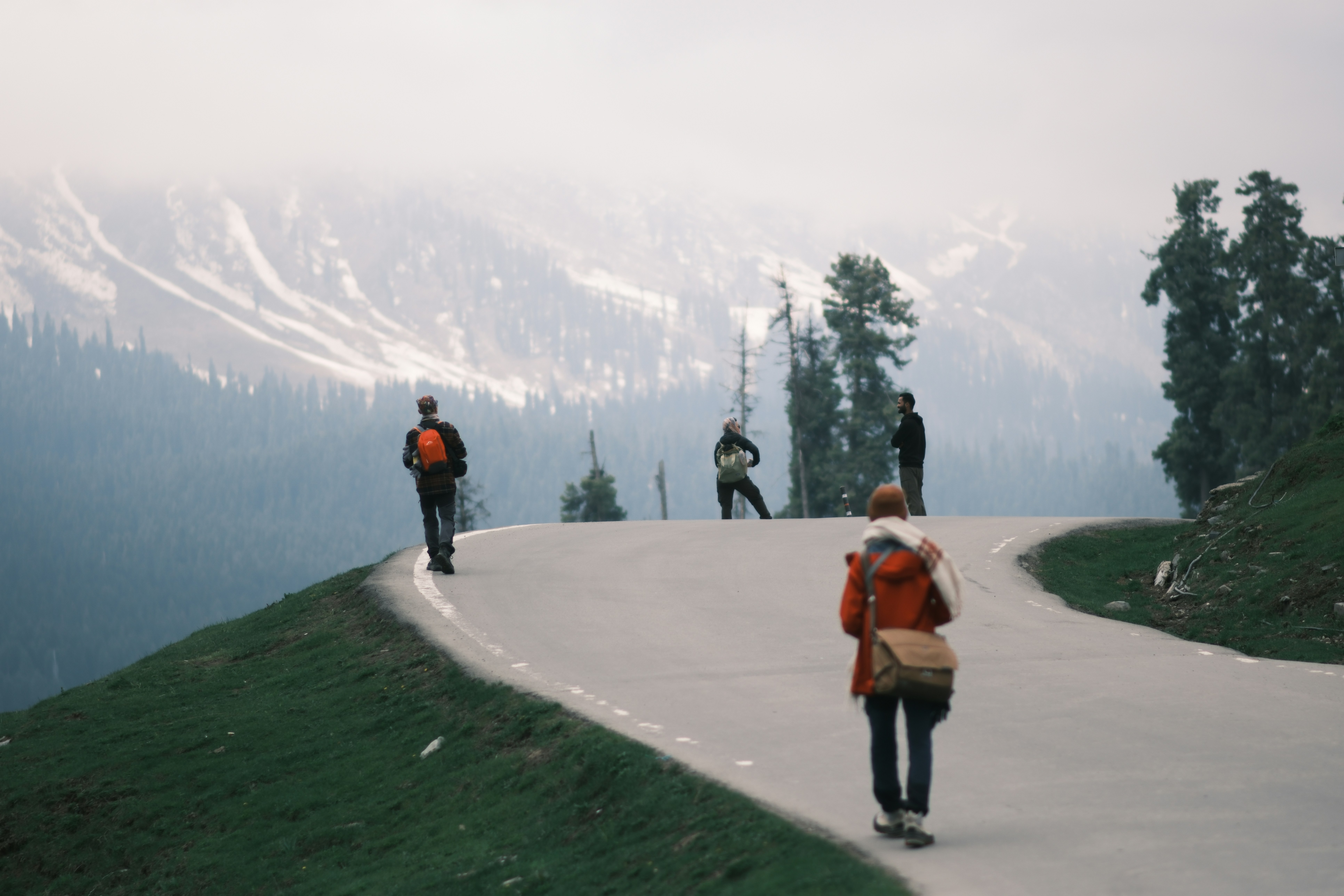 Four people walking on a paved mountain road with snowy peaks in the distance