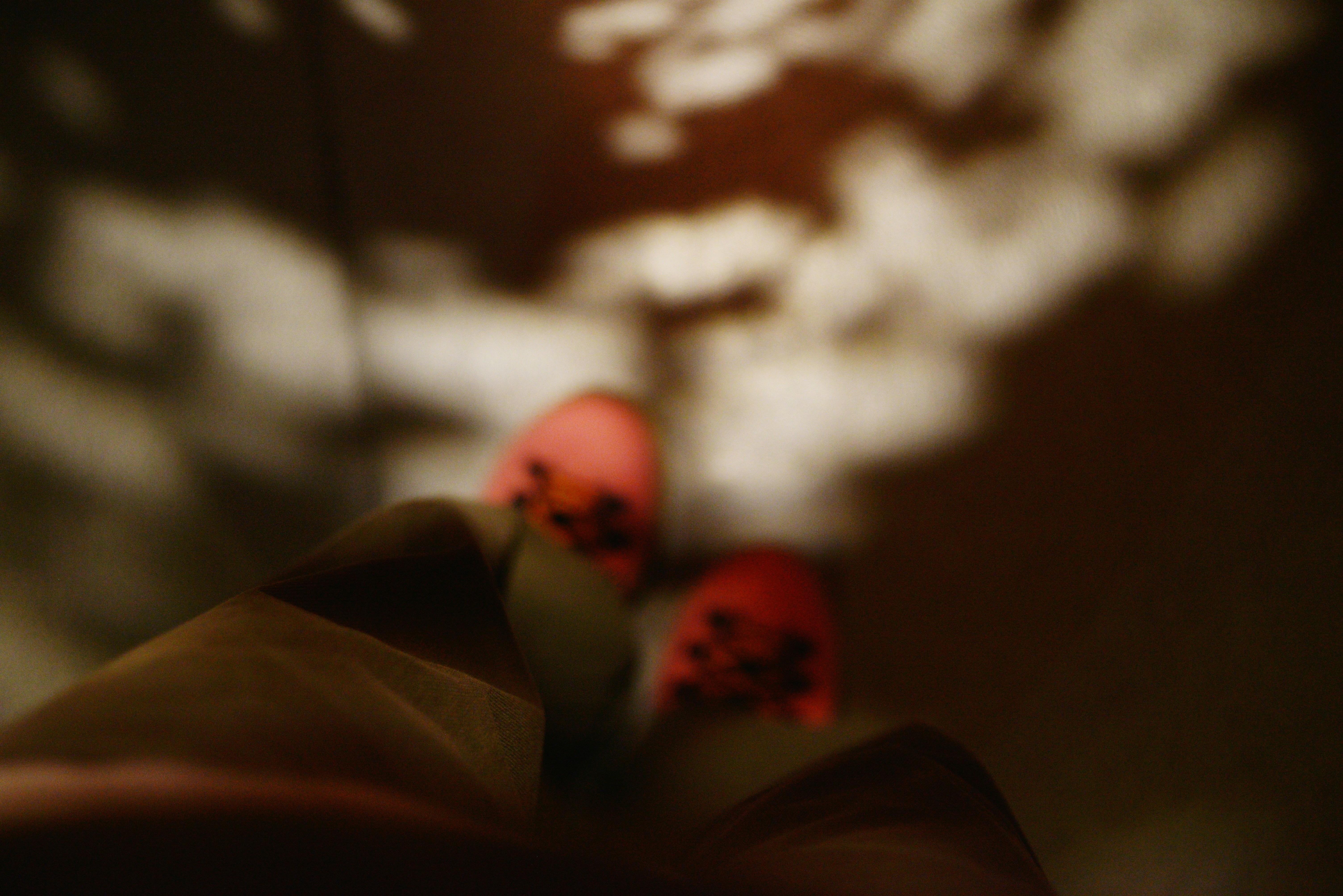 A person wearing red shoes on a dark floor with soft light patterns