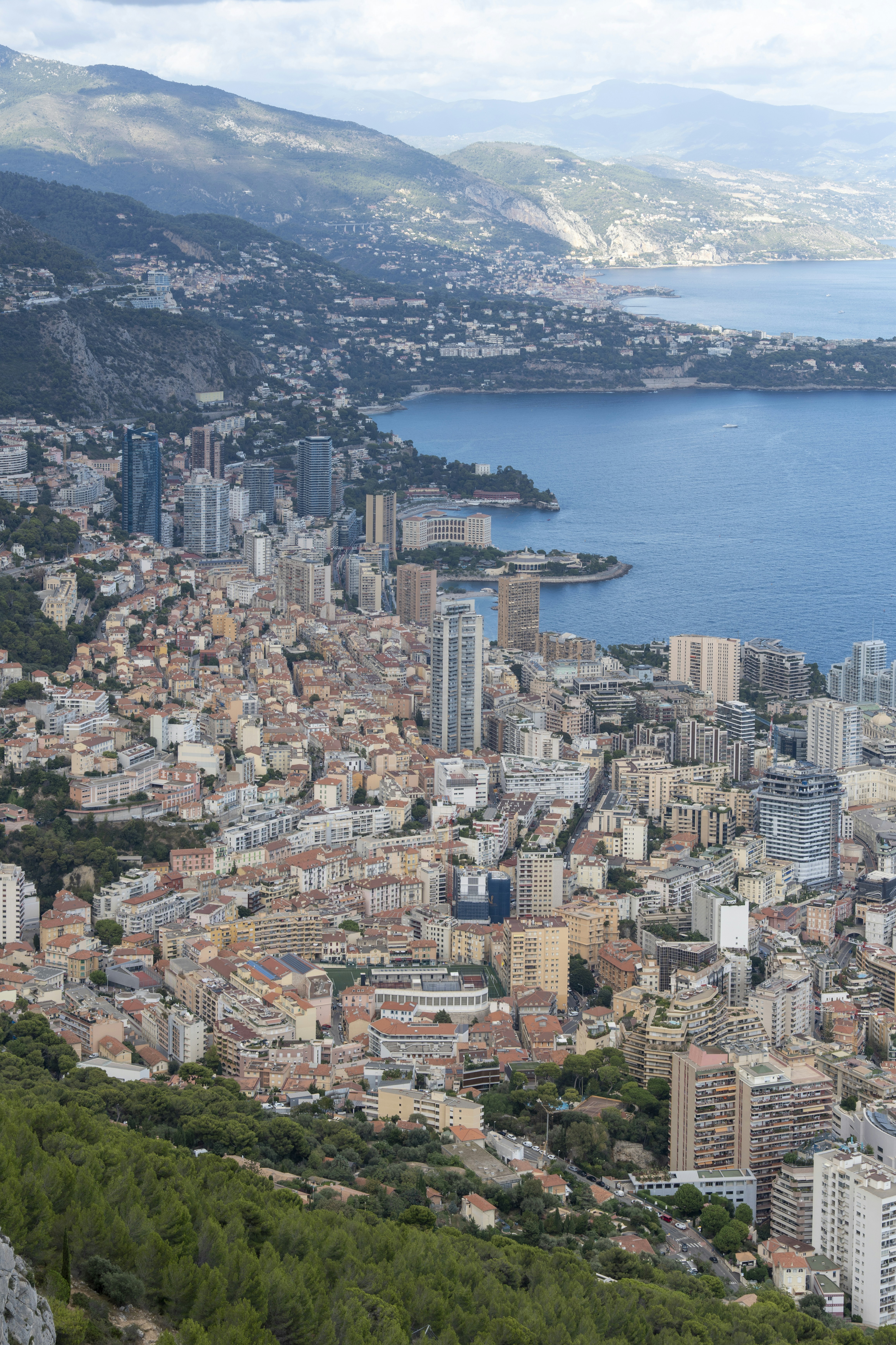 An aerial view of the city of Monaco and the Mediterranean coastline