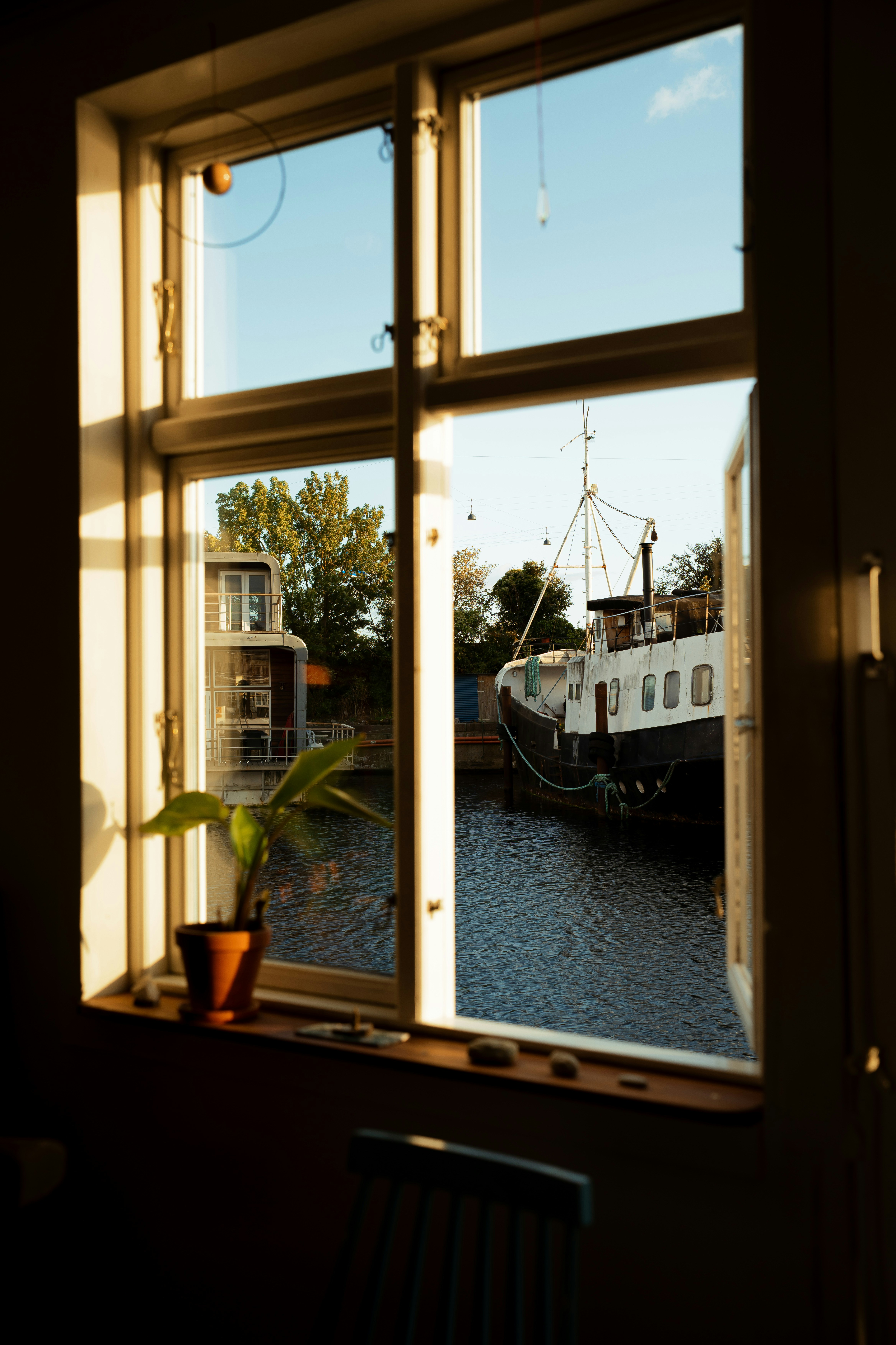 A potted plant on a windowsill overlooking a canal with a moored boat