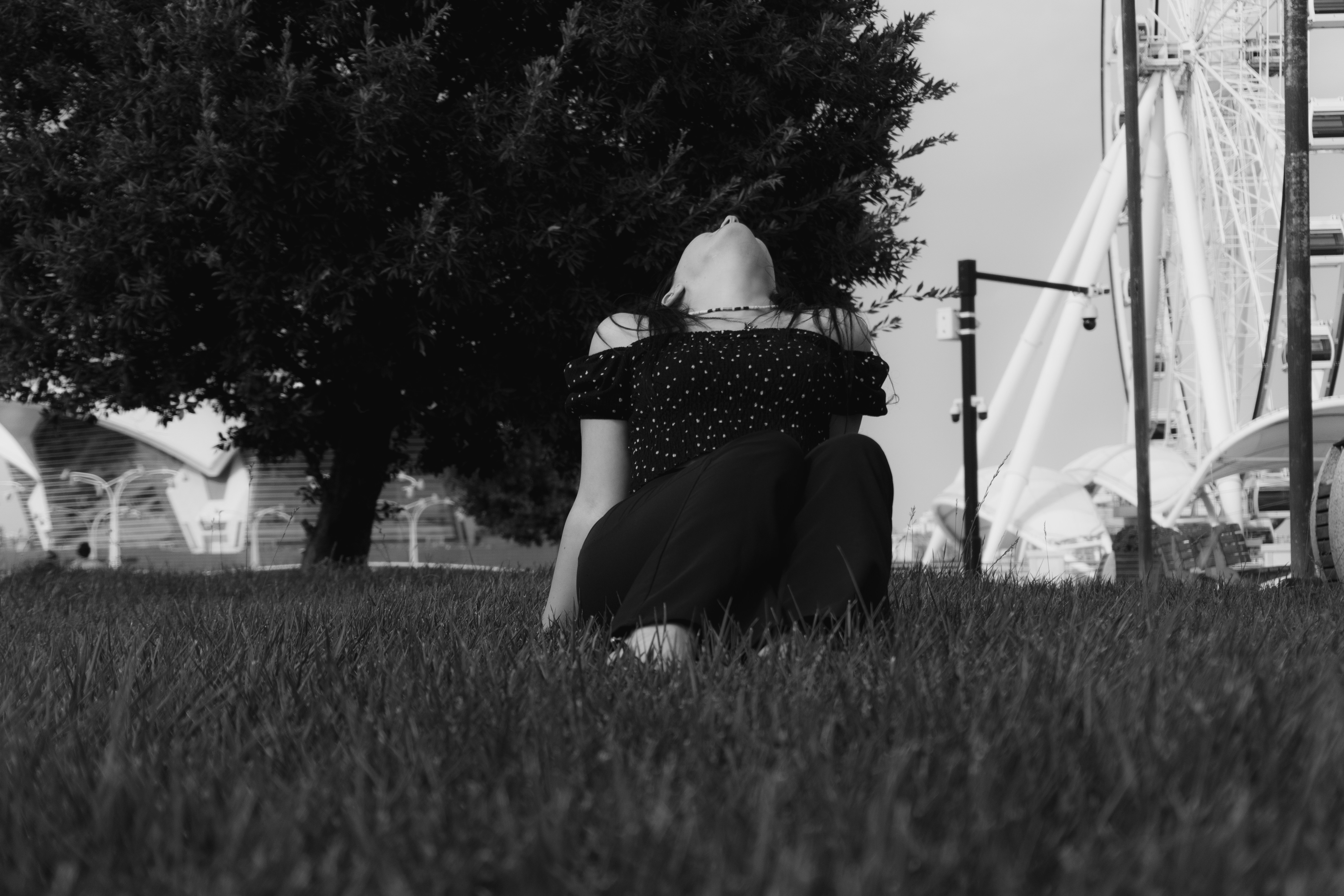 A person in a polka dot top sitting on grass near a ferris wheel