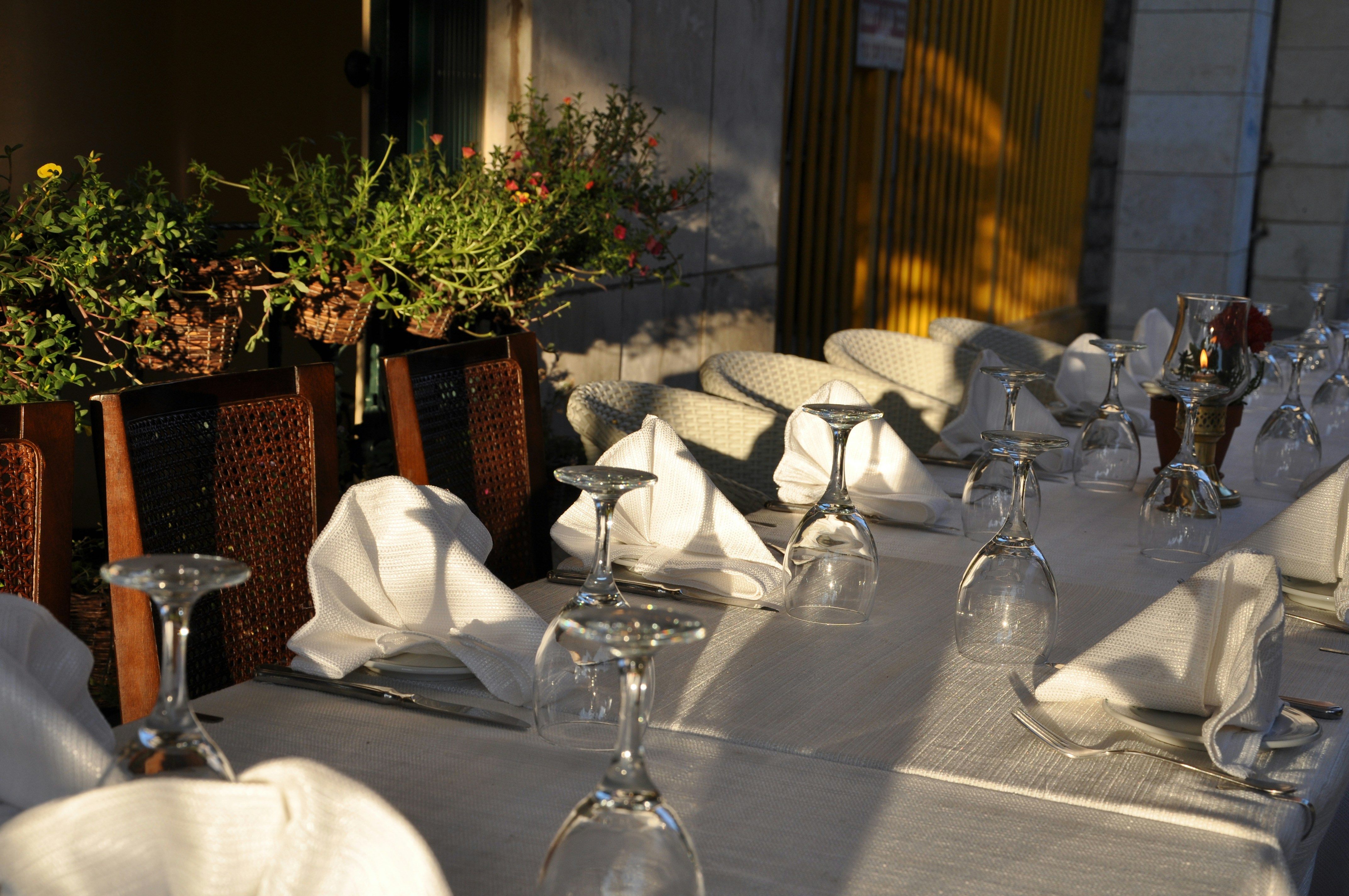 A long table set for dinner with wine glasses and white napkins outdoors