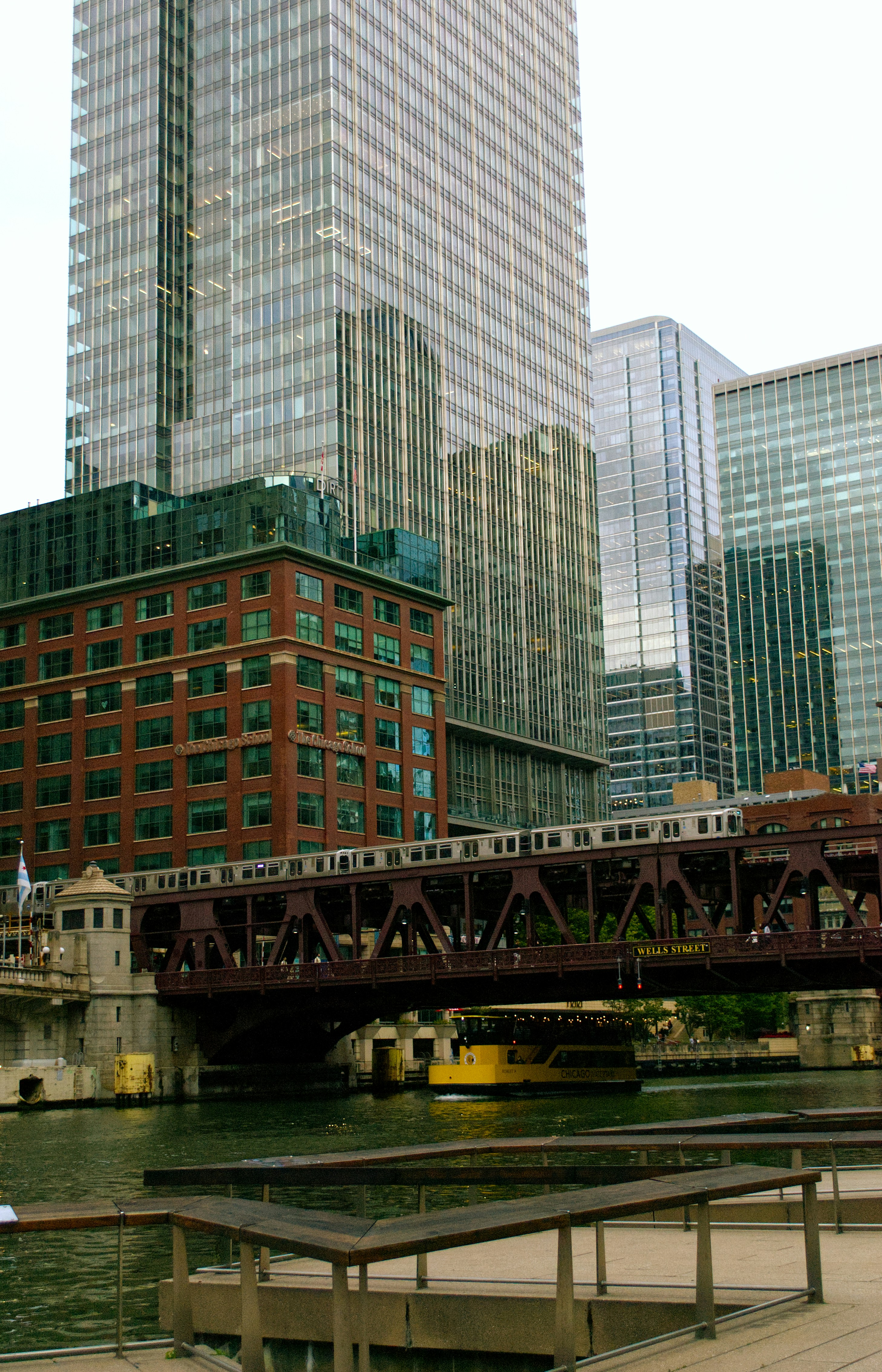 A train crossing the Wells Street bridge over the Chicago River in Chicago