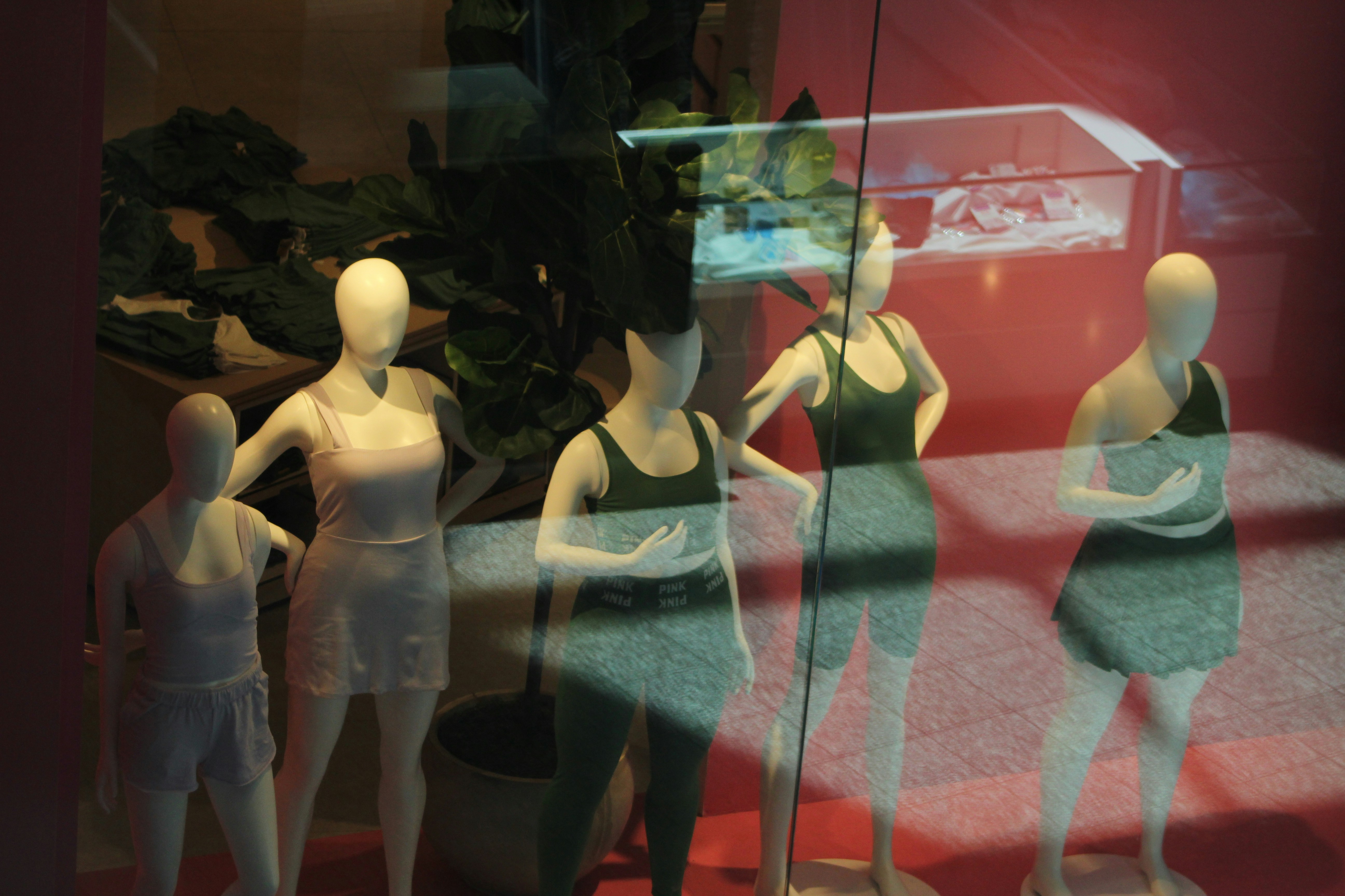 Four mannequins wearing athletic clothing in a store window with a potted plant