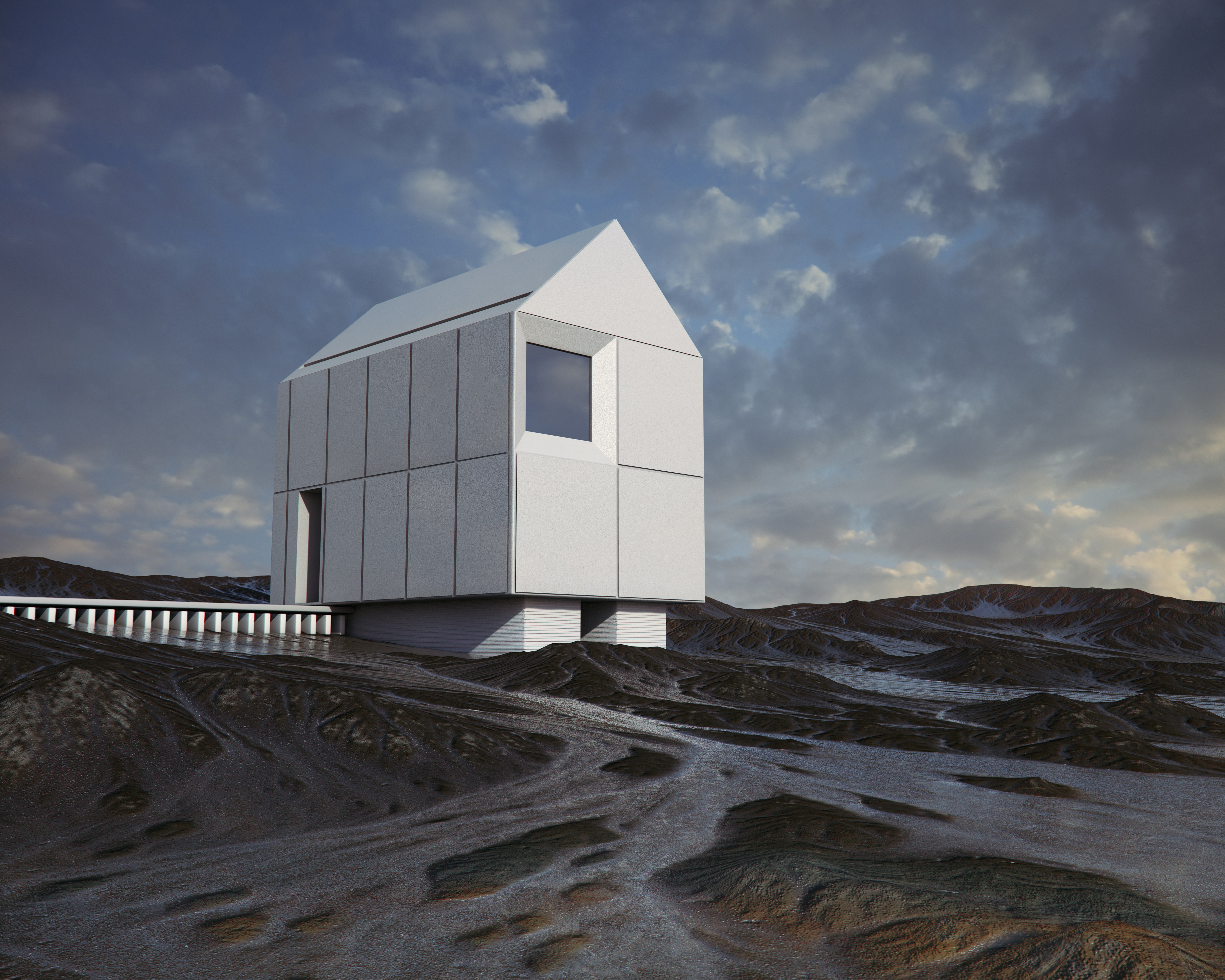 Una casa minimalista blanca en un paisaje rocoso oscuro bajo un cielo nublado